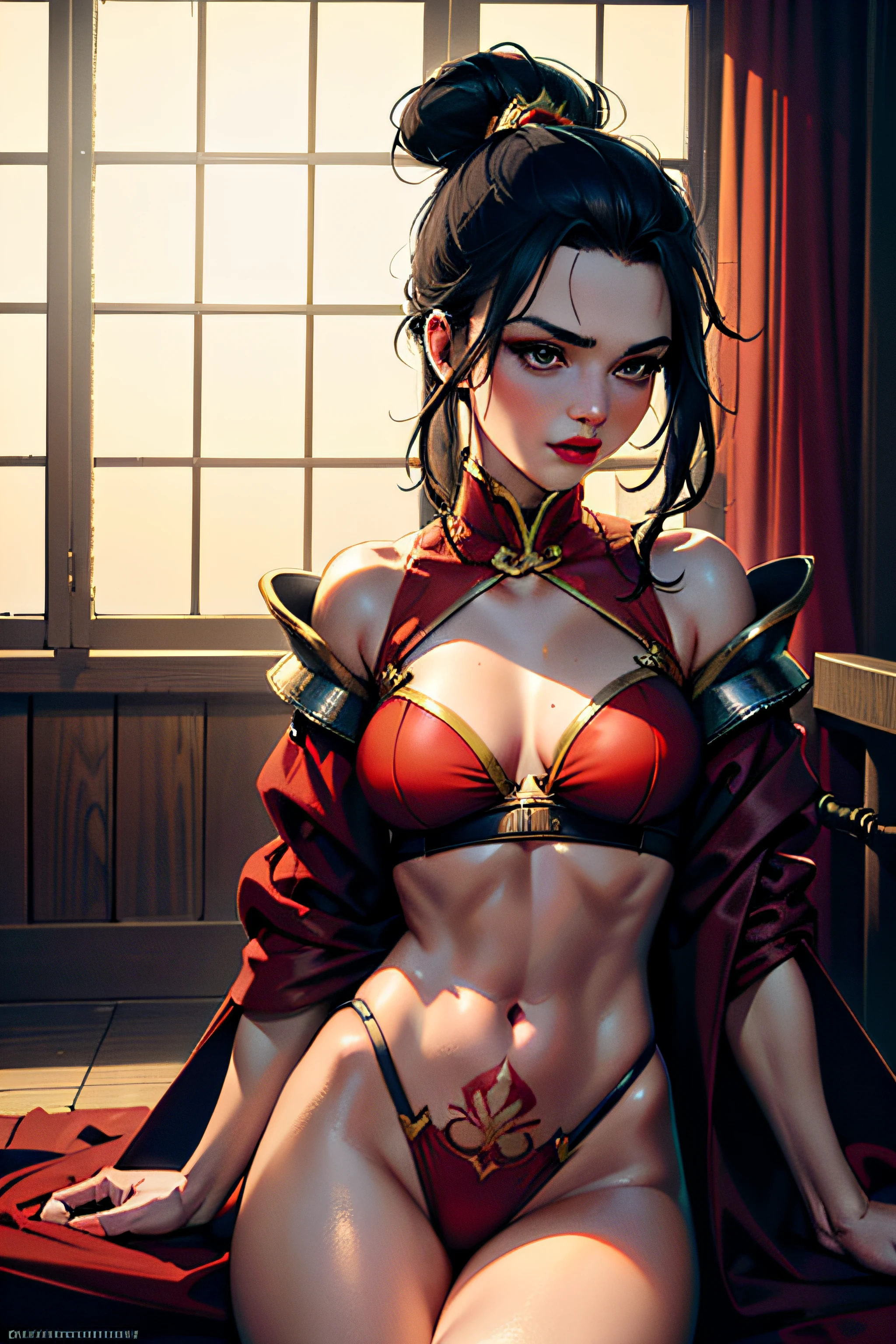 ultra-realistic 8k CG, masterpiece, ((ultra detailed background, fine drawing, intricate details, high detail, better quality fine details, hyper-detailed face)), (photorealistic: 1.4), beautiful lighting, absurdity, RAW photo, film grain, Azula, 1girl, solo, black hair, brown eyes, makeup, lipstick, red lips, single hair bun, navel, side strands, hair decoration, ((medium breasts, slim girl)), (open kimono)),  ((complex detailed background, inside, dim lighting, moody lighting, inside the castle, inside, medieval castle environment)), erotica, tattoo on the stomach