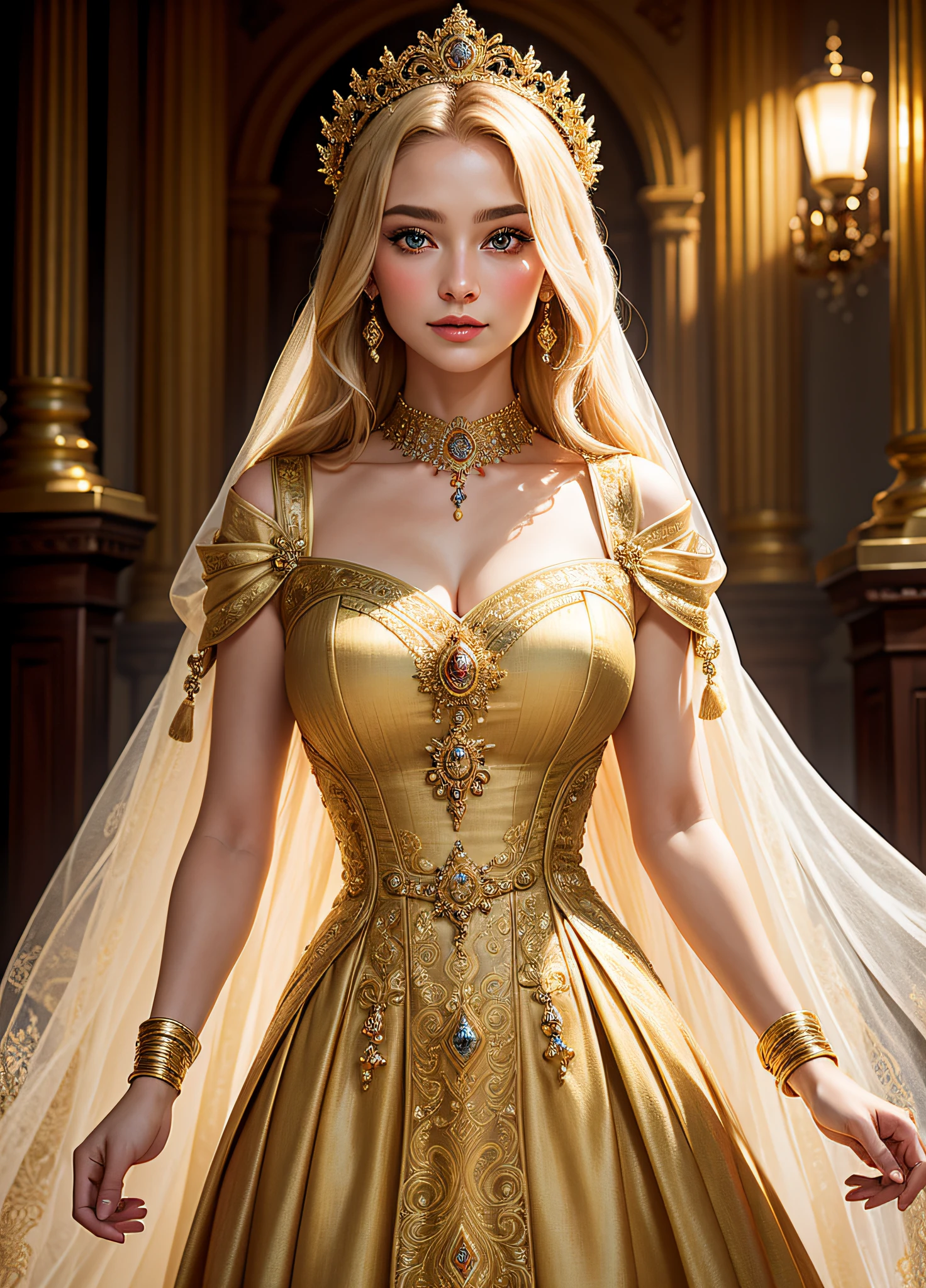 High detail，super alta qualidade，8K，Unreal Engine，masterpiece，Best quality，hyperdetailed，detailed，intricate，3D，there is a woman in a dress and a crown standing in front of a gold frame，white and gold priestess robes,，Extremely high detail, White daisies and gold decorations，Delicate face，Filaments that emit a golden glow are wrapped around you，In his right hand he holds a white daisy，Full body photo