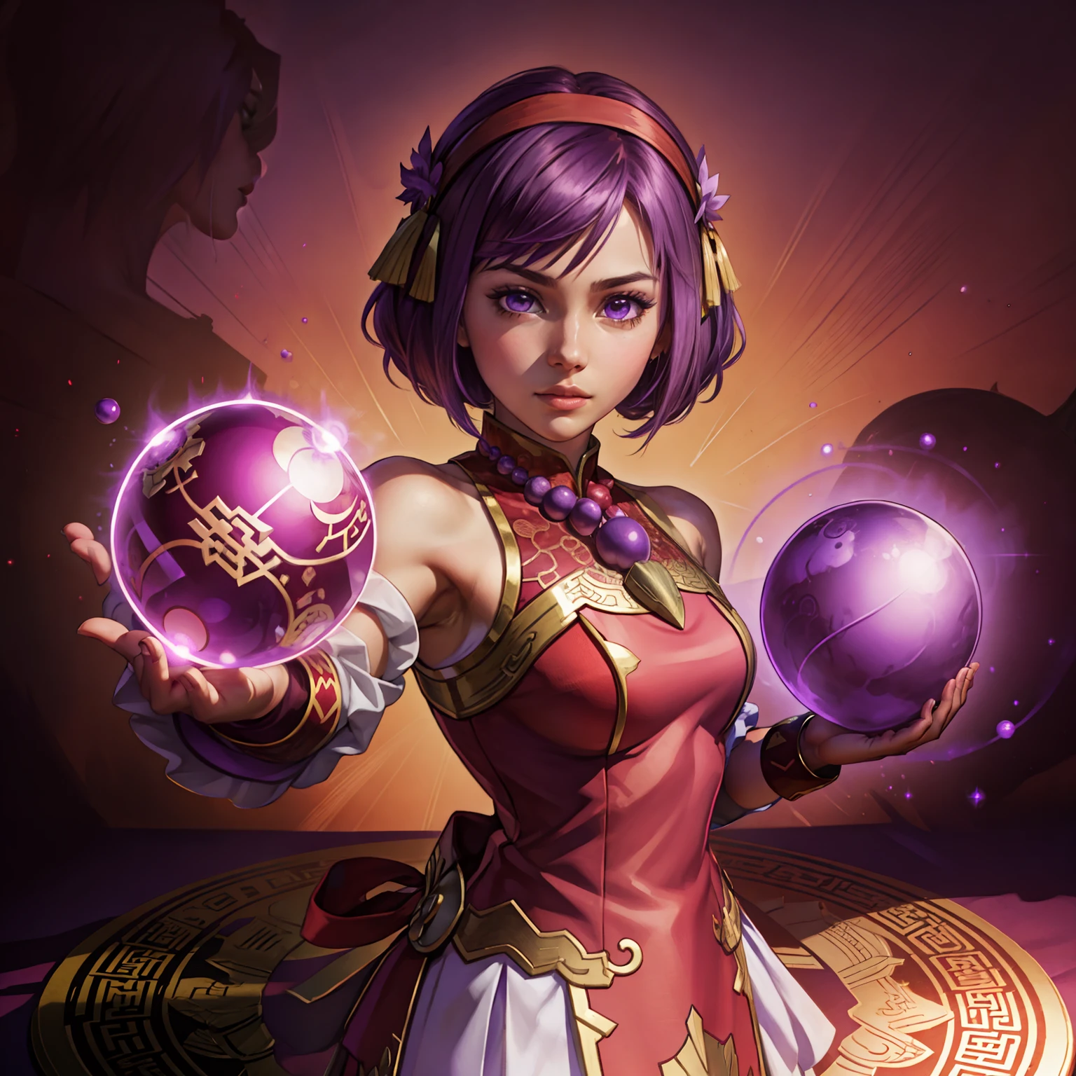 (best quality:1.1), (masterpiece:1.2), anime, anime accurate, high-quality shadow, beautiful detailed, (high detailed skin, skin details), cowboy shot, 1girl, solo, ((athenams)), purple hair, (red hairband, star hairpin) chinese clothes, red dress, (purple necklace, purple balls), gloves, hair ornament ,bare shoulders, purple glowing, purple powers, magic circle background, yugioh style, yugioh monster, duel monster