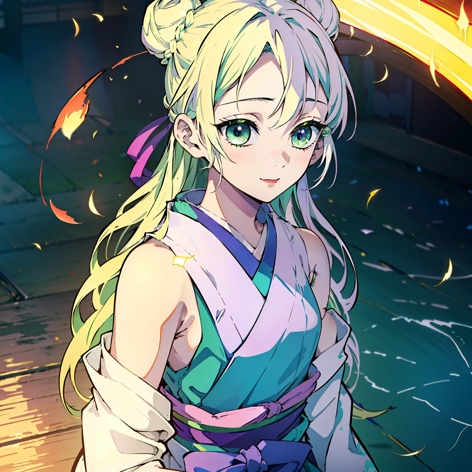 Kimetsu no Yaiba style, (((1girl))), 独奏, green colored eyes, white colored hair, extra very long hair, double bun, hairpin, sleeveless kimono, detached sleeves, Obi Green Belt, painted lips, hair ornament, ssmile, Abstraction on the background, Fireflies, Lilac shadows on the eyelids, makeup, ((Masterpiece)), ((portraite of a)), in a Japanese house, (tmasterpiece), (beste-Qualit), (overdetalization),(straight hair),(illustartion), (a 1girl), (trendy clothes), stands, Model, looks at the viewer, (interview), (Simple background), beautiful detail eyes, Gentle beautiful face, soaring, (high saturation), (Colorful splashes), Colorful Bubble, (radiance), facial focus, (radiance), better lighting, better shadow, (tmasterpiece, hiquality, beste-Qualit), 8k wall paper, super detaill,