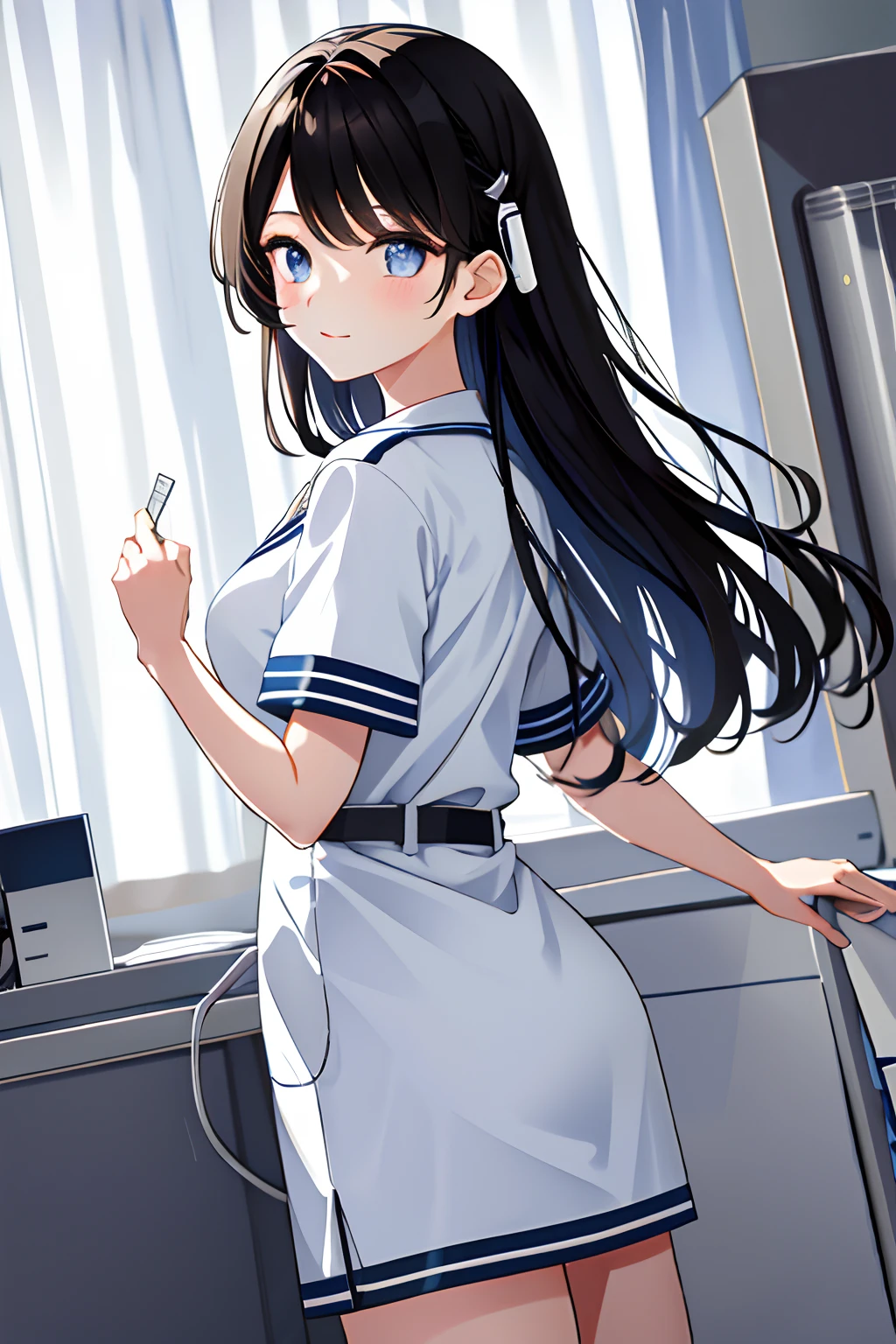 Di Li Gerba， 1girll， 独奏， long whitr hair， mediuml breasts， （Split color hair， Black hair， Dark black hair： 1.3）， eBlue eyes， ssmile， standing on your feet， dynamicposes， 8K， tmasterpiece， best qualtiy， absurderes， Perfect anatomy， cinmatic lighting， cowboy lens， （nurses uniform：1.1）， （hospitals、surgery room：1.1）