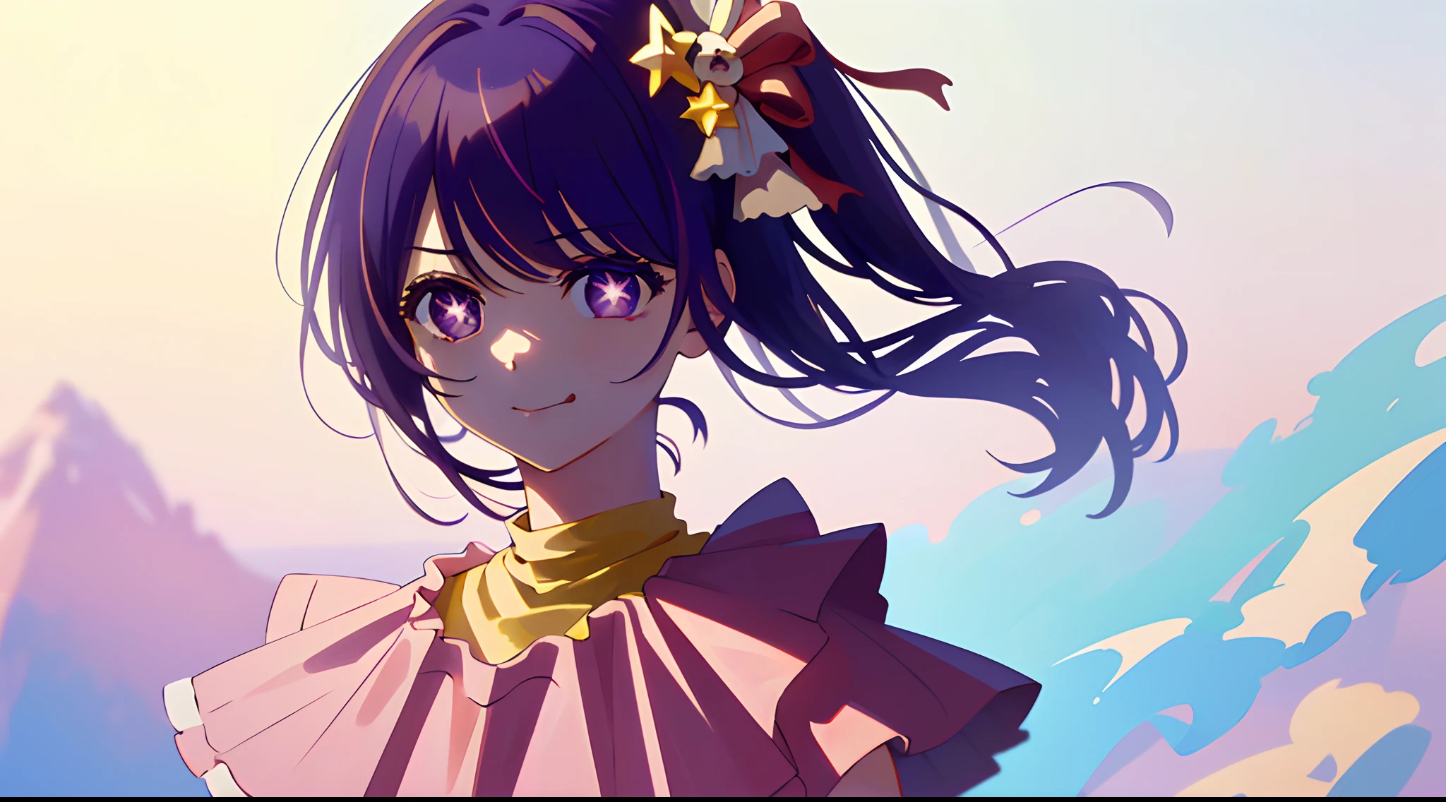 a 1girl, body complet, Cowboy shot, (Rembrandt), illustartion, (tmasterpiece), (beste-Qualit), (ultra_detailing), finely detail, (Depth of field), HshinoAi,gloves, Tongue Outward, tongue, hairlong, Star \ (symbol\), looks at the viewer, (purple hair:1.2), violet eyes, upper-body, hair ornament, :p, Ruffles, pink shirt, ssmile, Sleeveless, Shirt, idol, symbol-shaped pupils, quiff , star-shaped pupils, (tmasterpiece), (beste-Qualit), (overdetalization),(messy hair),(illustartion), (a 1girl), (trendy clothes), stands, Model, looks at the viewer, (interview), (Simple background), beautiful detail eyes, Gentle beautiful face, soaring, (high saturation), (Colorful splashes), Colorful Bubble, (radiance), facial focus, (radiance), better lighting, better shadow, (tmasterpiece, hiquality, beste-Qualit), The scenery of the theater in the background