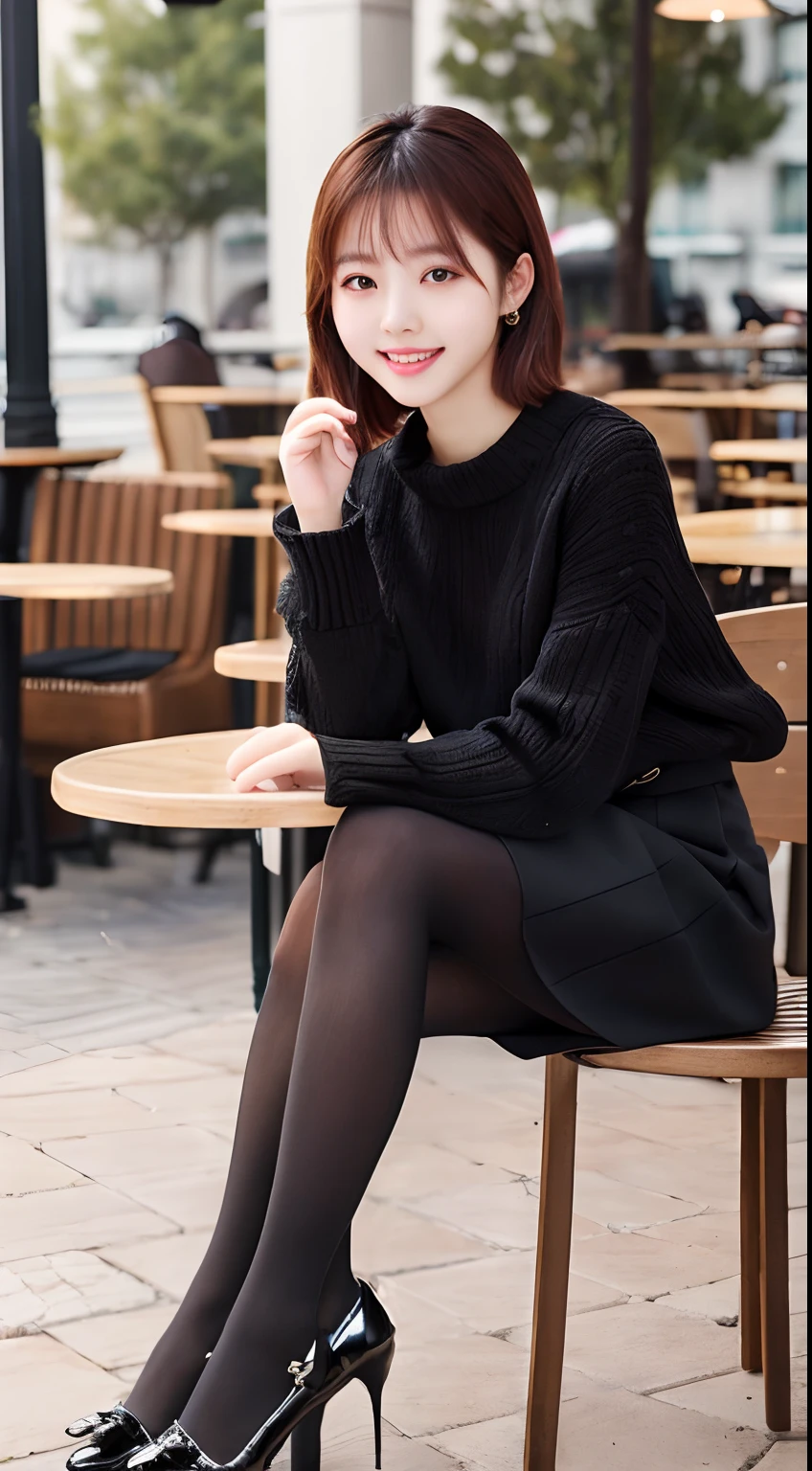 8k uhd, dslr,film grain, Fujifilm XT3,(best quality:1.3), (masterpiece:1.1), high resolution, cinematic light, intricate details, (photorealistic),outside,beautiful outside,sunny,
korean girl,(in cafe:1.5) , dimples, bobcut, looking at viewer, detailed trees, ribbons, bowties, bare shoulders, ribbed sweater, 
pencil skirt, high-waist skirt, head rest, sitting, indoors,
 necklace,black pantyhose, sheet transportation sweater, (smile),(full body:1.6),slender,