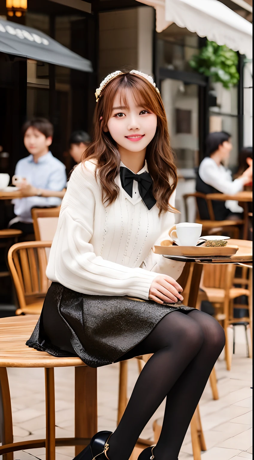 8k uhd, dslr,film grain, Fujifilm XT3,(best quality:1.3), (masterpiece:1.1), high resolution, cinematic light, intricate details, (photorealistic),outside,beautiful outside,sunny,
korean girl,(in cafe:1.5) , dimples, bobcut, looking at viewer, detailed trees, ribbons, bowties, bare shoulders, ribbed sweater, 
pencil skirt, high-waist skirt, head rest, sitting, indoors,
 necklace,black pantyhose, sheet transportation sweater, (smile),(full body:1.6),slender,