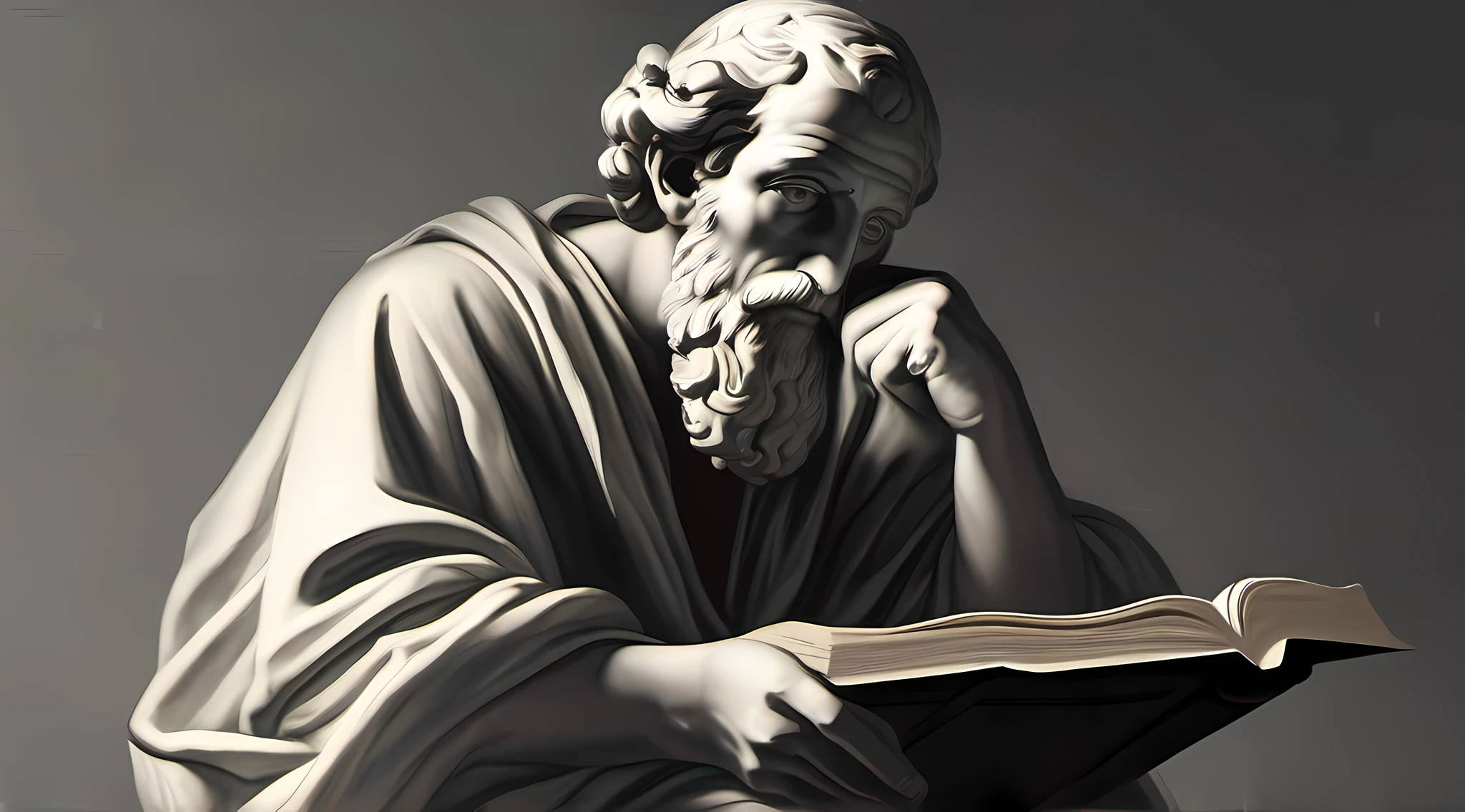philosopher Epictetus deep in thought, clutching a book, against a striking black backdrop.
