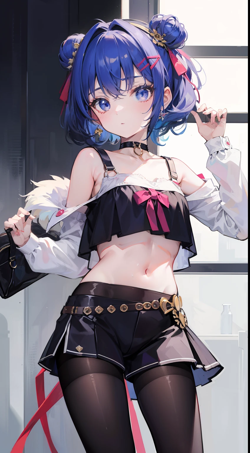1girl,a beautiful fashion model ,(masterpiece, official art, best quality) (perfect eyes) , short and shiny dark blue hair, black streaks in hair, full lips, cute nose, medium , , elegant makeup, exhibitionism, naked in public, , slim thighs, toned body, shiny skin, sexy pose,,(( (slender, skinny, slim))), gold hoop earrings, eyeshadow, cute face, embarrassed, coy, surprised, blush, glittery skin, girl dancing on stage, skinny thighs, narrow hips, skirt lift, red and silver OUTFIT, slutty top, abs, toned stomach, chloe price, buns hairstyle