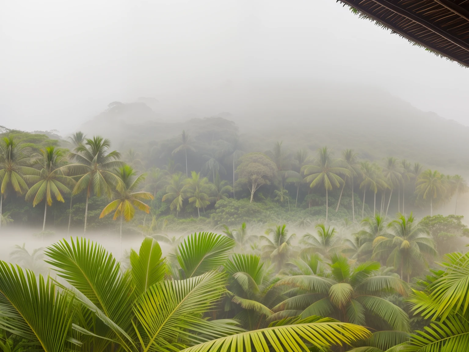 Tropical field in the fog with vibrance with dense tropical trees, jungle, Italian theme in African tropics