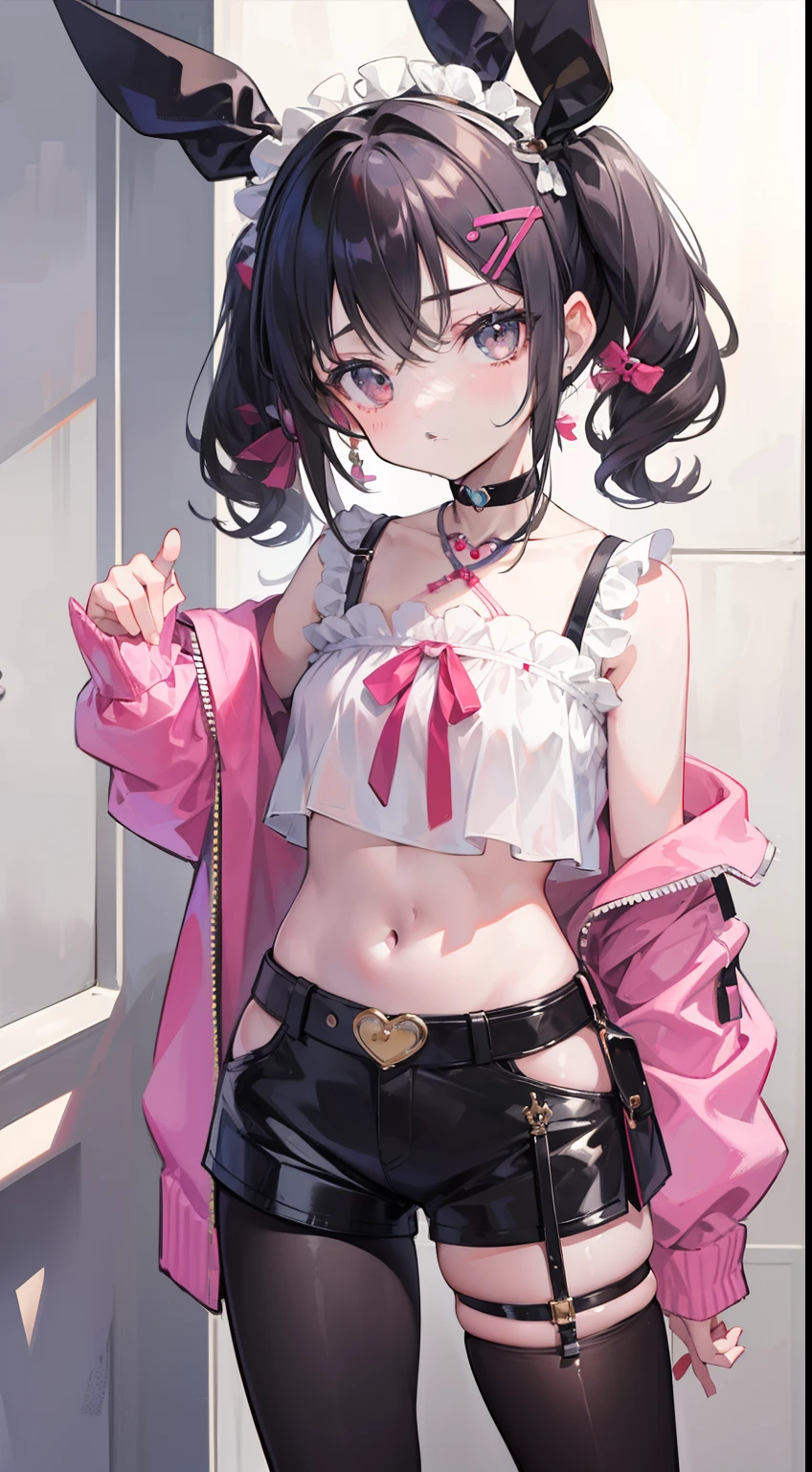 (8K、Top image quality、top-quality、​masterpiece)、A detailed face、1((Lori))、Dark hair、((twintails))、blunt bangs、short-hair、waved hair、Gray eyes、piercings、evil smile、smirk grin、Smaller chest、(pink camisole)、Black Micro Mini Skirt、((((skirt lift))))、((((pussy))))、cowboy  shot、Taken from below、Back alley background、((nsfw))