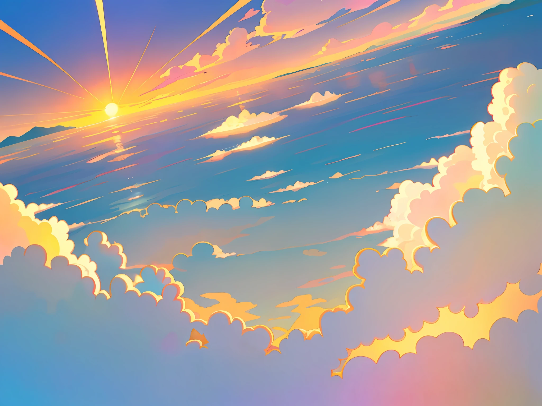A anime beautiful scenery of the sky as the sun illuminates over the horizon, a breathtaking moment of dawn's arrival, a symphony of colors painted across the heavens, a scene that evokes tranquility and hope, a glimpse into the magical transition from night to day, a canvas of soft pastel hues and radiant light, a reflection of the Earth's eternal dance with the sun. --auto --s2