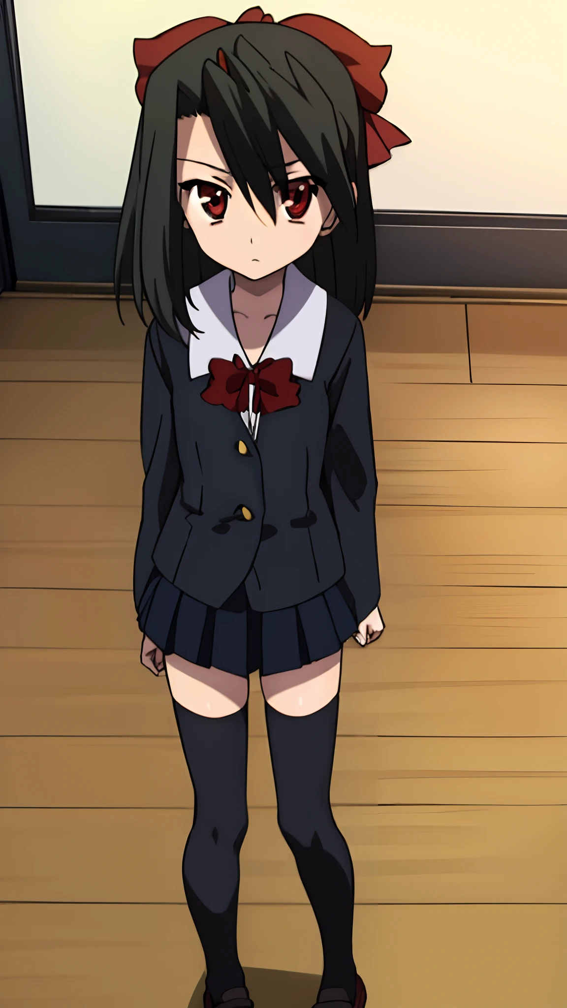 setsunakiyoura, setsuna kiyoura, black hair, (red eyes:1.5), hair bow, red bow,
BREAK skirt, thighhighs, bow, school uniform, pleated skirt, shoes, black thighhighs, zettai ryouiki,
BREAK looking at viewer,
BREAK indoors, classroom,
BREAK (masterpiece:1.2), best quality, high resolution, unity 8k wallpaper, (illustration:0.8), (beautiful detailed eyes:1.6), extremely detailed face, perfect lighting, extremely detailed CG, (perfect hands, perfect anatomy),