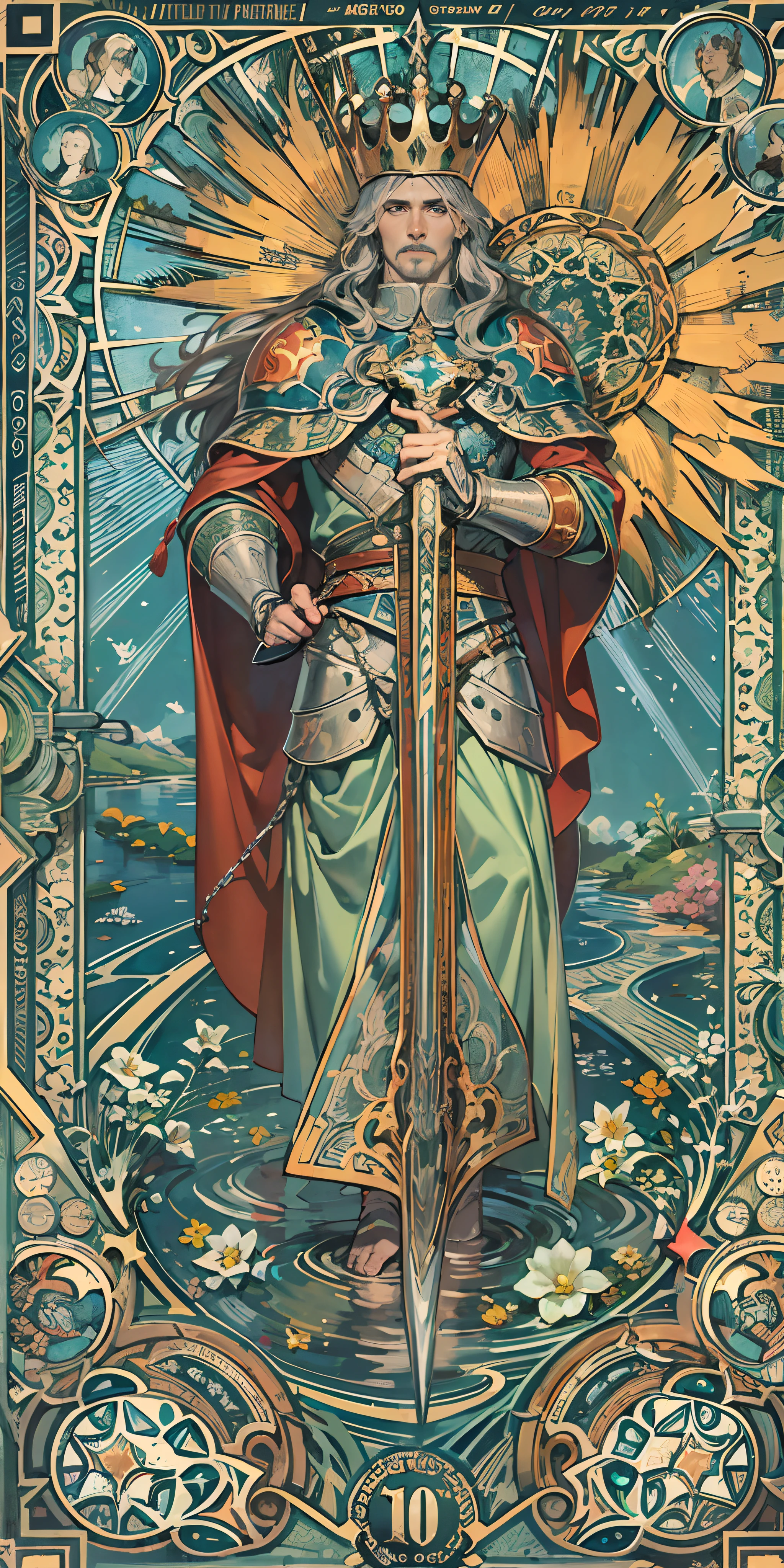 king arthur,King of the Knights of the Round Table, A person with dignity,Put on the gold-rimmed silver heavy armor that covers your whole body,Sword in the stone,Flower frame,Blue decorative panels, abstract artistic, Alphonse Mucha (tmasterpiece, best qualtiy, A high resolution: 1.4), A detailed, Complicated details, 4K, Color splattering, Line art, Fibonacci, (tarot cards),Cards,blue-sky,suns,rays of sunshine,The cloudy,Lake,Water magic,