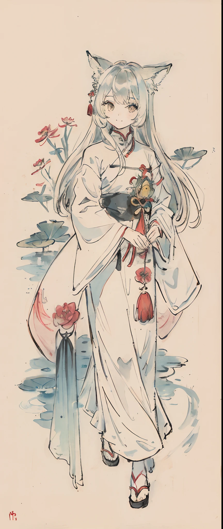 ((4K、masterpiece、top-quality))、ink and watercolor painting、Traditional Chinese Ink Painting、lotuses、Hanfu、Maxi Kit、Dress modestly
1 girl, 独奏, white hair, Long, Fox ears, bule, The bikini, AngelT, A lot of fish nearby, ((Bringing a cat 1.5))