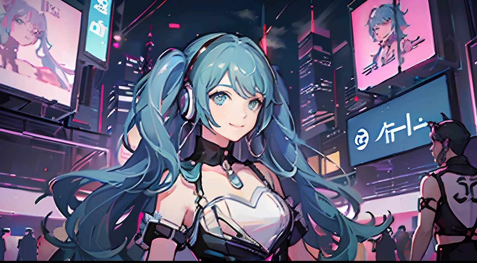 Emerald hair、miku hatsune、Woman with headphones stands at future event venue、Very pleasant look、a smile、Dance Music Festival、Music Events、Live Stage、VR Games、cyberpunk vibe、cyberpunk vibe、Deep in the metaverse we're going、cyber punk style、cyberpunk theme、cyberpunk 2077、The Future of Cyberpunk、The Future of Cyberpunk、Synth Wave、Light blue clothes、futuristic cyberpunk、Cyberpunk technology、Retro cyberpunk、Synthwave style