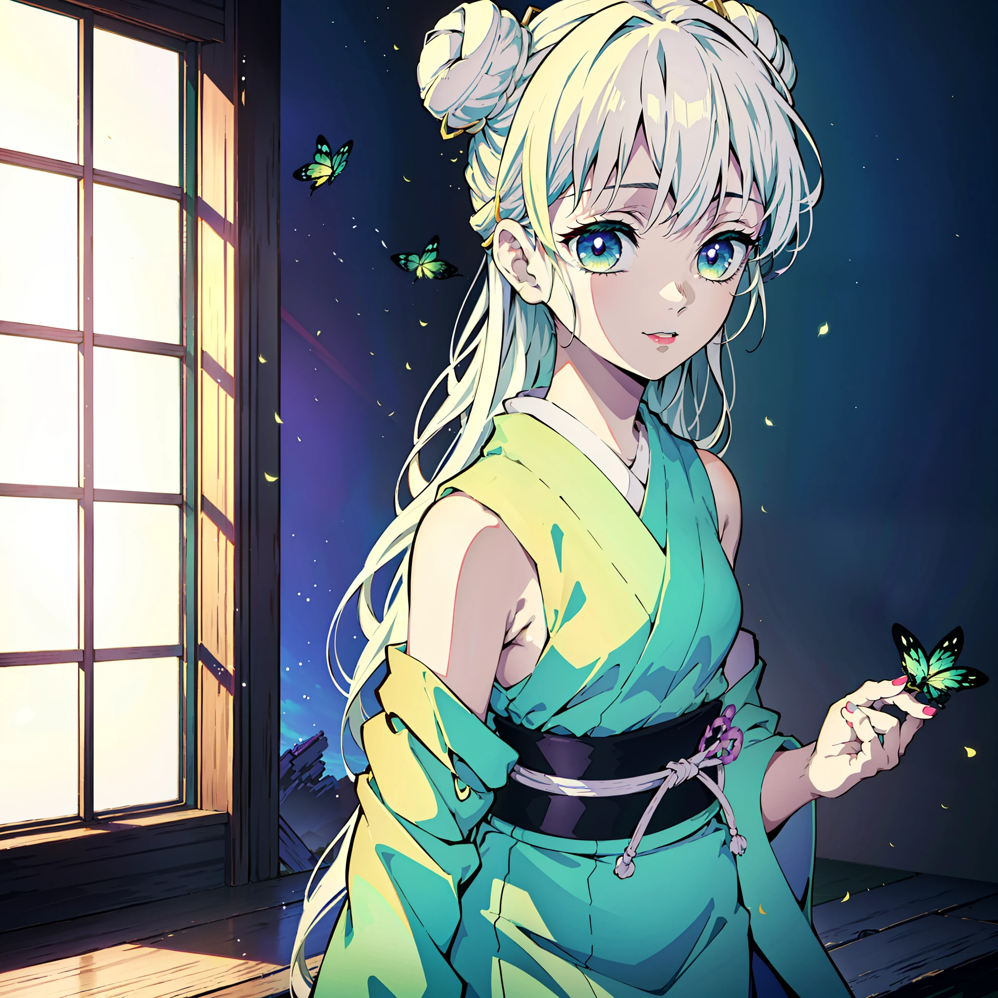 Kimetsu no Yaiba style, (((1girl))), 独奏, green colored eyes, white colored hair, extra very long hair, double bun, hairpin, sleeveless kimono, detached sleeves, Obi Green Belt, painted lips, hair ornament, ssmile, Abstraction on the background, Fireflies, Lilac shadows on the eyelids, makeup, ((Masterpiece)), ((portraite of a)), in a Japanese house, (tmasterpiece), (beste-Qualit), (overdetalization),(messy hair),(illustartion), (a 1girl), (trendy clothes), stands, Model, looks at the viewer, (interview), (Simple background), beautiful detail eyes, Gentle beautiful face, soaring, (high saturation), (Colorful splashes), Colorful Bubble, (radiance), facial focus, (radiance), better lighting, better shadow, (tmasterpiece, hiquality, beste-Qualit), 8k wall paper, super detaill,