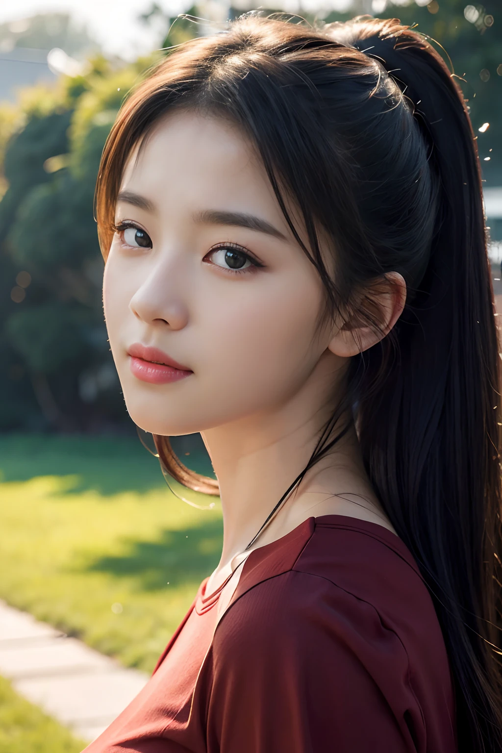 Best Quality, Masterpiece, Ultra High Resolution, (Realistic: 1.4), Original Photo, Official Art, Wallpaper, Bust Photo, Skin, Simple Background, Black Eyes, Details, 1 Girl, Red T-Shirt, Breeze, Sunshine, Shy Face, Water Mist, Studio Light,
