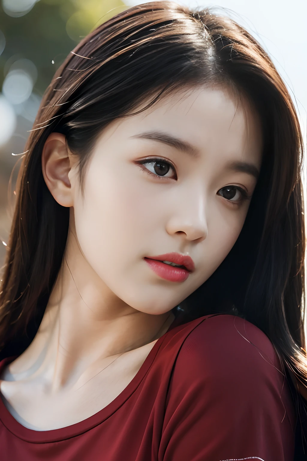 Best Quality, Masterpiece, Ultra High Resolution, (Realistic: 1.4), Original Photo, Official Art, Wallpaper, Bust Photo, Skin, Simple Background, Black Eyes, Details, 1 Girl, Red T-Shirt, Breeze, Sunshine, Shy Face, Water Mist, Studio Light,