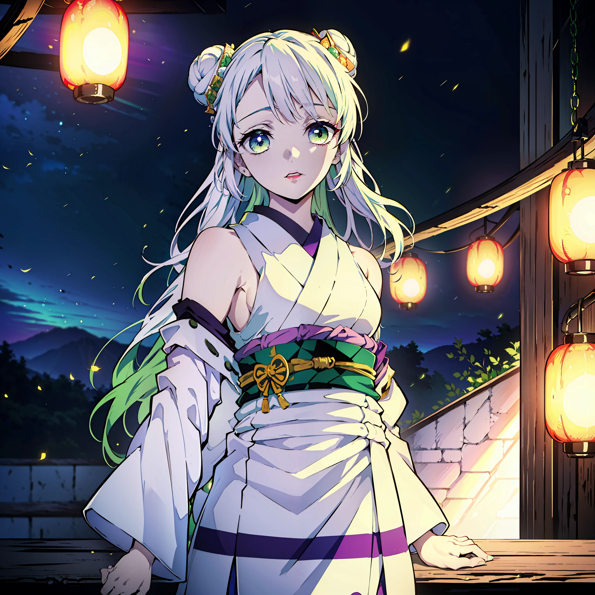 Kimetsu no Yaiba style, (((1girl))), 独奏, green colored eyes, white colored hair, extra very long hair, double bun, hairpin,  sleeveless kimono, detached sleeves, Obi Green Belt, painted lips, hair ornament, ssmile, Abstraction on the background, Fireflies, Lilac shadows on the eyelids, makeup, ((Masterpiece)), ((portraite of a)), in a Japanese house, (tmasterpiece), (beste-Qualit), (overdetalization),(messy  hair),(illustartion), (a 1girl), (trendy clothes), stands, Model, looks at the viewer, (interview), (Simple background), beautiful detail eyes, Gentle beautiful face, soaring, (high saturation), (Colorful splashes), Colorful Bubble, (radiance), facial focus, (radiance), better lighting, better shadow, (tmasterpiece, hiquality, beste-Qualit), 8k wall paper, super detaill,