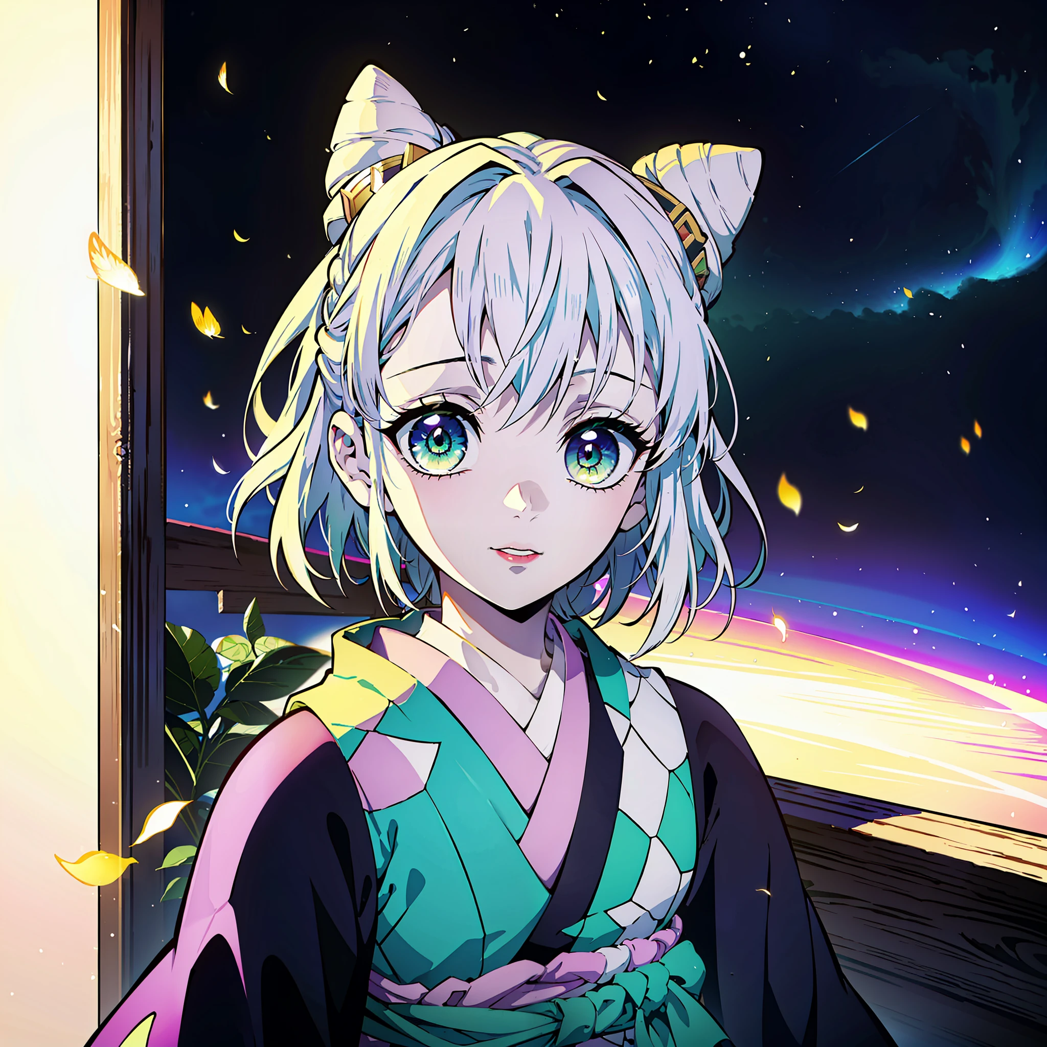 Kimetsu no Yaiba style, (((1girl))), 独奏, green colored eyes, white colored hair, extra very long hair, double bun, hairpin,  sleeveless kimono, detached sleeves, Obi Green Belt, painted lips, hair ornament, ssmile, Abstraction on the background, Fireflies, Lilac shadows on the eyelids, makeup, ((Masterpiece)), ((portraite of a)), in a Japanese house, (tmasterpiece), (beste-Qualit), (overdetalization),(messy  hair),(illustartion), (a 1girl), (trendy clothes), stands, Model, looks at the viewer, (interview), (Simple background), beautiful detail eyes, Gentle beautiful face, soaring, (high saturation), (Colorful splashes), Colorful Bubble, (radiance), facial focus, (radiance), better lighting, better shadow, (tmasterpiece, hiquality, beste-Qualit), 8k wall paper, super detaill,