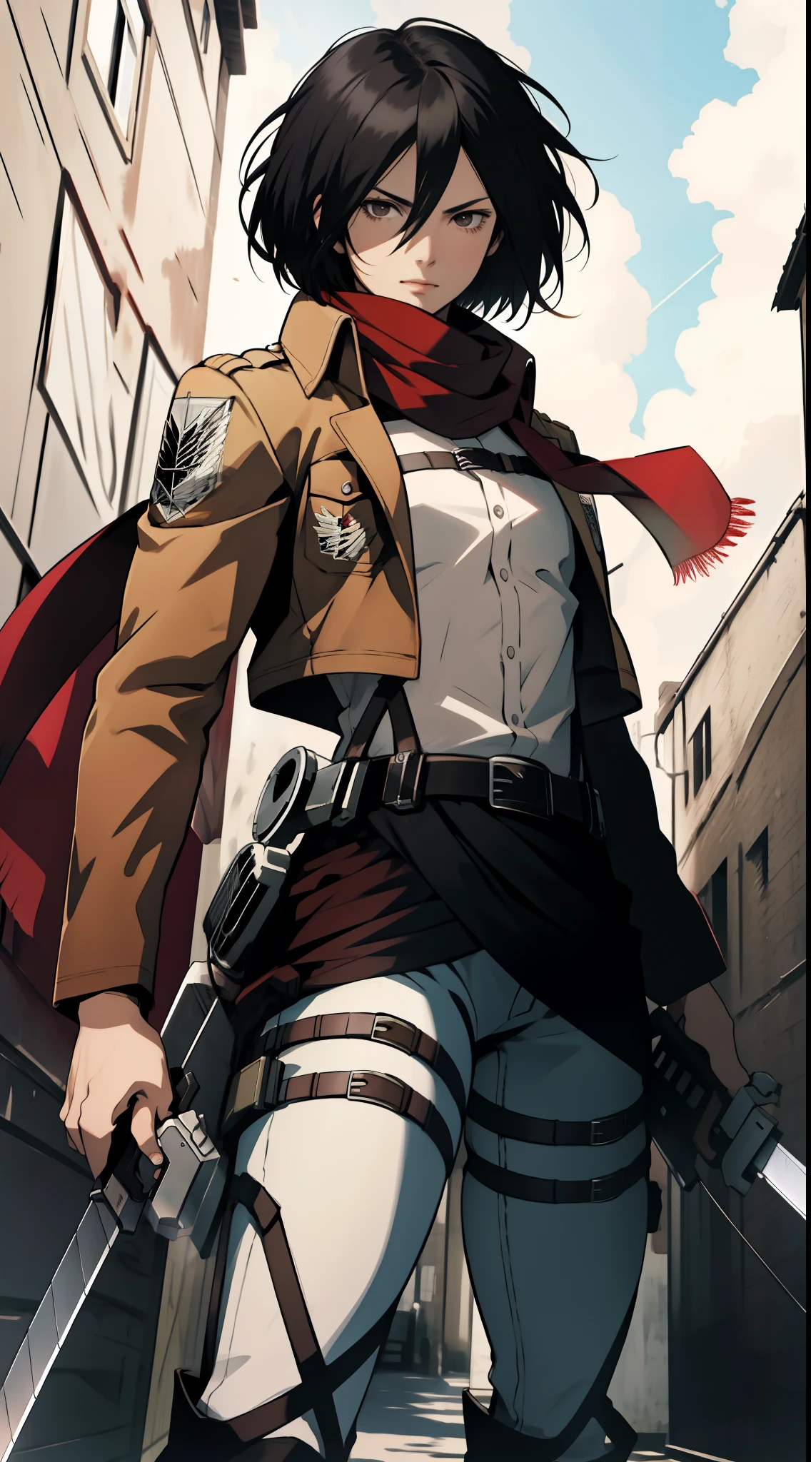 masterpiece, best quality, highres, hmmikasa, short hair, black eyes, scarf, emblem, belt, thigh strap, red scarf, white pants, brown jacket, long sleeves, holding weapon, sword, dual wielding, three-dimensional maneuver gear, fighting stance, sky,