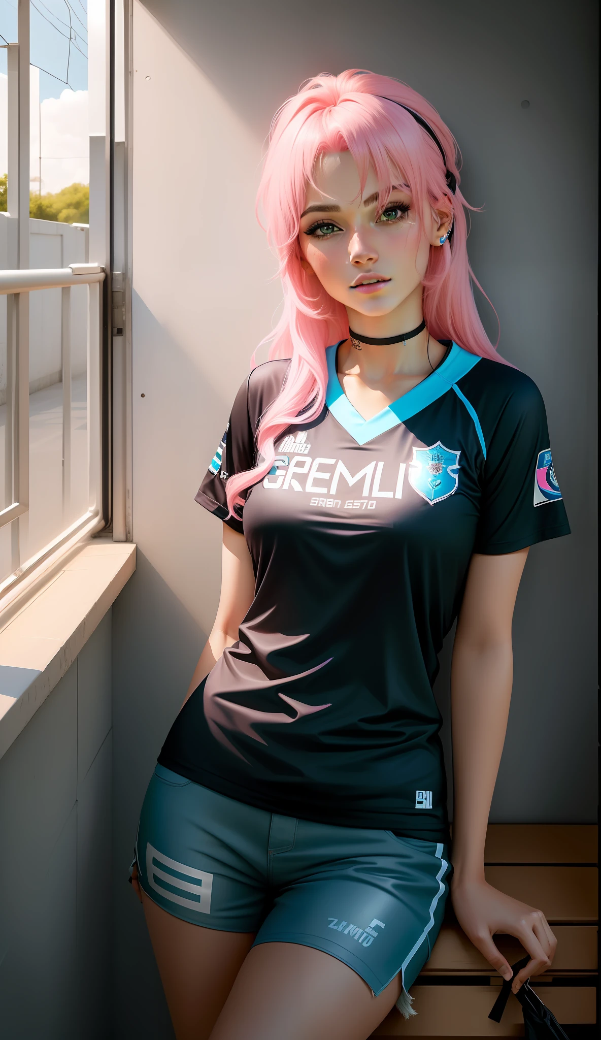 There is a woman with pink hair and a black shirt of the gremio football club team