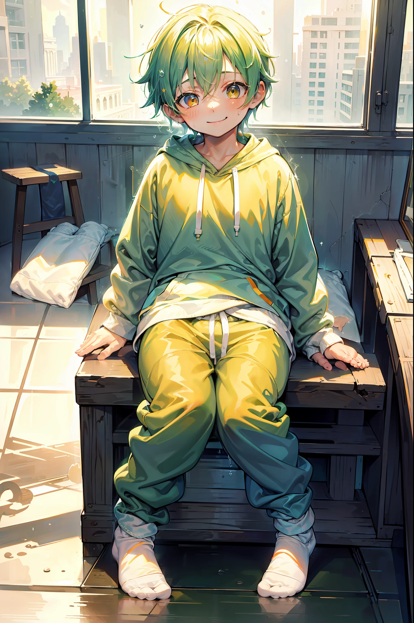 Masterpiece, chubby Little boy with green hair and shiny bright orange colored eyes and small socks wearing a hoodie, and oversized sweatpants sitting in a his room, raining outside window, young, boy, child, small, toddler, soft light, (sweatpants:1.4), (undersized socks:1.4), (Boy:1.4), (Shota:1.4), (Young:1.4), (Male:1.4), (smiling:1.4), (foot:1.4), (shy:1.4), (pastel:1.0), (colors:1.0), (cute colors:1.0), (divine:1.0),