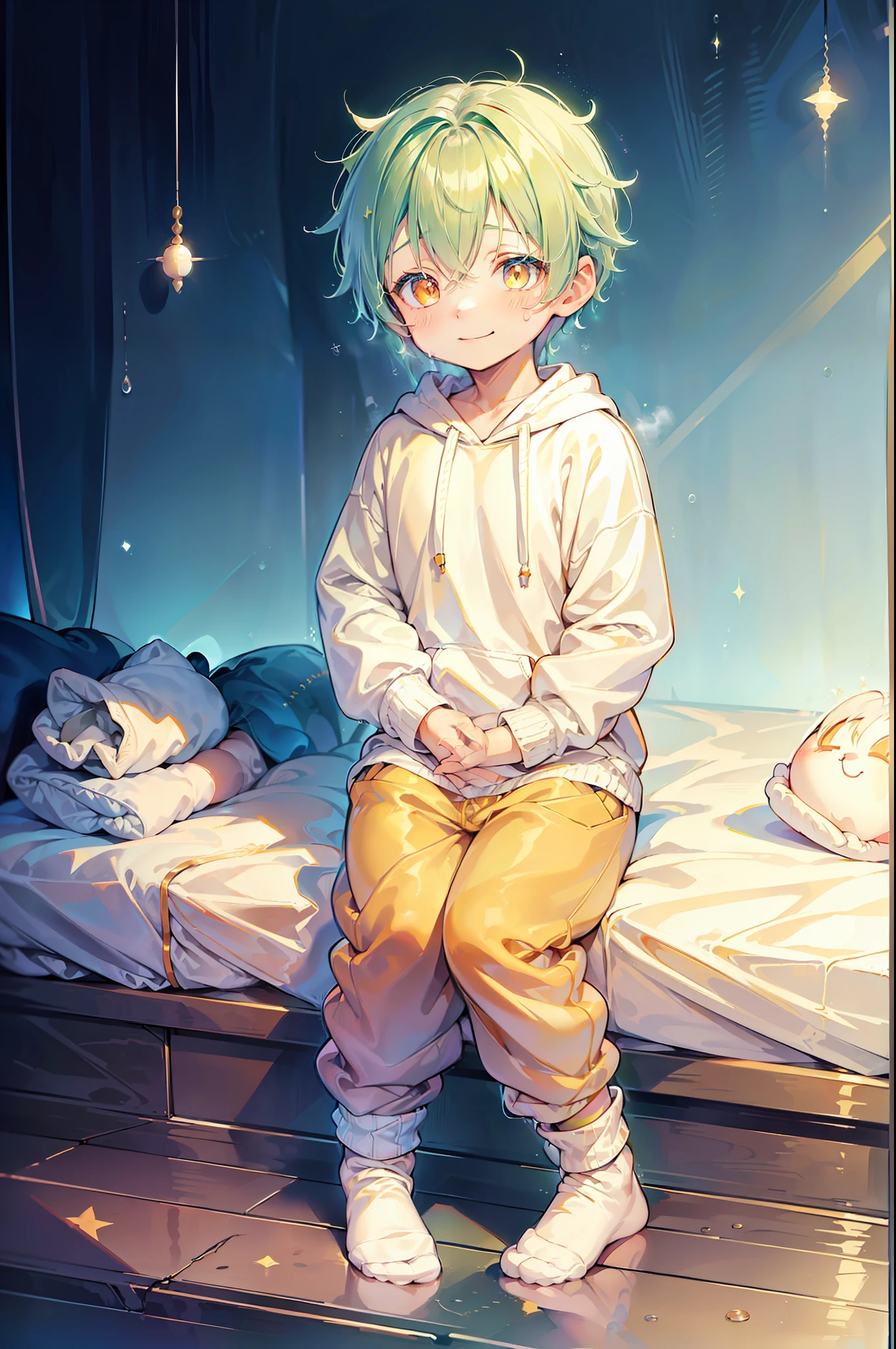 Masterpiece, chubby ********** with green hair and shiny bright orange colored eyes and small socks wearing a hoodie, and oversized sweatpants sitting in a his room, raining outside window, young, boy, child, small, toddler, soft light, (sweatpants:1.4), (undersized socks:1.4), (Boy:1.4), (Shota:1.4), (Young:1.4), (Male:1.4), (smiling:1.4), (foot:1.4), (shy:1.4), (pastel:1.0), (colors:1.0), (cute colors:1.0), (divine:1.0),