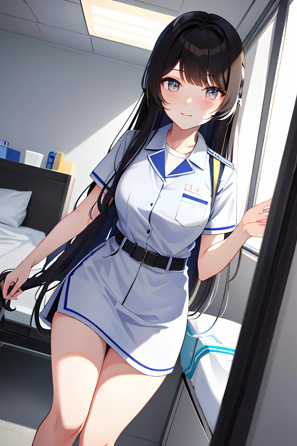 Di Li Gerba， 1girll， 独奏， long whitr hair， mediuml breasts， （Split color hair， Black hair， Dark black hair： 1.3）， 黑The eye， ssmile， standing on your feet， dynamicposes， 8K， tmasterpiece， best qualtiy， absurderes， Perfect anatomy， cinmatic lighting， cowboy lens， （nurses uniform：1.1）， （hospitals、surgery room：1.1）