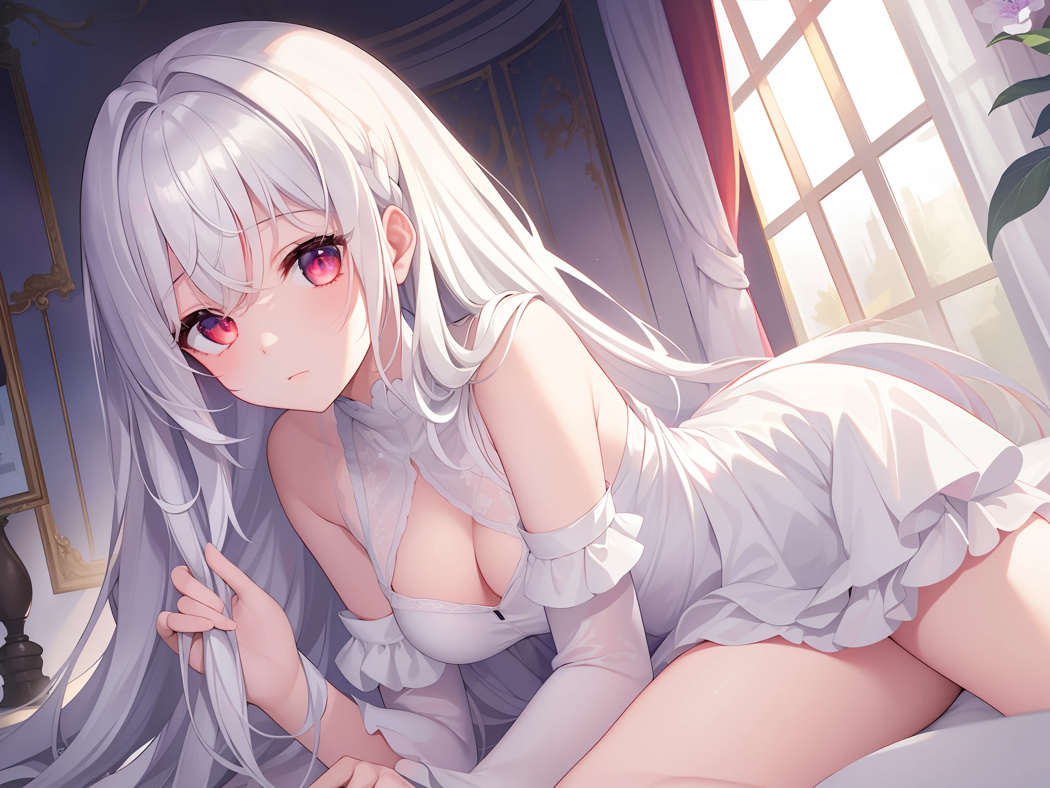 ((Masterpiece, Best quality))++, Detailed light+, Detail hair+, detail hand+ ,1girll, woman, Long hair, dark red eye, Beautiful eyes, Young gray hair,,(Beautiful white hair:1.5),(Beautiful detailed eyes), , high resolution+, Masterpiece, , Glass tones, Reflective eyes, {{Angle}} , extremelydetailedwallpaper, Original,full bodyesbian,Bedrooms,upper legs, Beth,starrysky,Issuing,,swim wears,,naturey