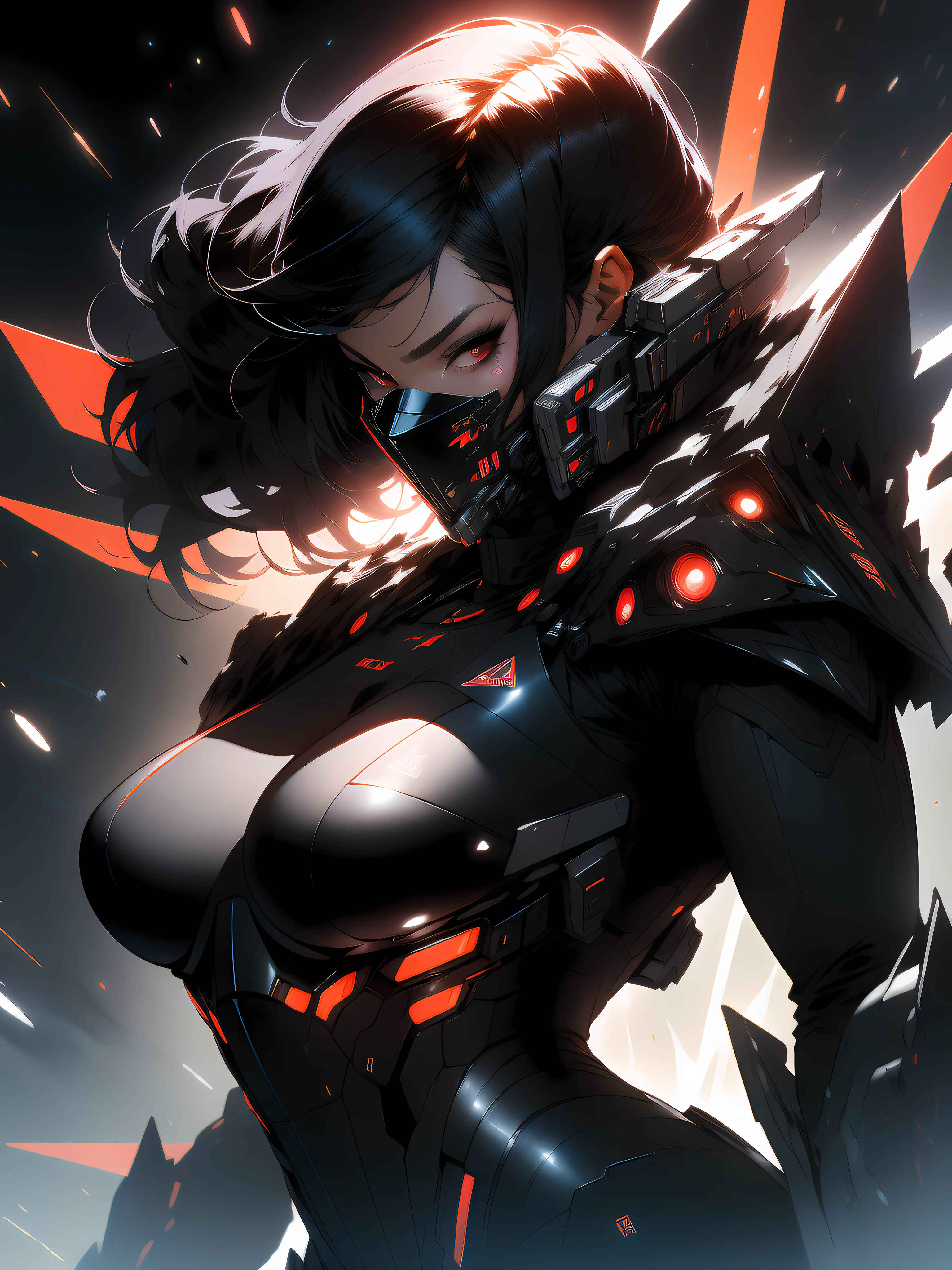 ((Best quality)), ((masterpiece)), (detailed: 1.4), (Absurd), angry princess, ((action pose)), (((woman with all-black graphite-colored skin)))), ((black mask with red eyes)), ready for war, black kinetic skin with exposed black muscles, hot woman, sculptural body with defined muscles, mouth closed, muscular body covered by a micro bikini, whole body covered by golden stars,  ((medium breasts)), (eyes with heavy makeup and very black without pupils), (((short black hair Colonel Motoko style)), (stars covering the body), ((drawings of golden stars on the arms)), very long eyelashes, heavy eye makeup, lots of jewelry, by mucha, niji --V5, close to the real, psychopath, crazy face, sexy pose, background with a giant Gundam-style robot head,  2 piece clothing, pastel, centered, scale to fit dimensions, HDR (High Dynamic Range),Ray Tracing,NVIDIA RTX,Super-Resolution,Unreal 5,Subsurface dispersion, PBR texture, Post-processing, Anisotropic filtering, Depth of field, Maximum clarity and sharpness, Multilayer textures, Albedo and specular maps, Surface shading, Accurate simulation of light-material interaction, Perfect proportions, Octane Render, Two-tone lighting,  Wide aperture, Low ISO, White balance, Rule of thirds, 8K RAW, crysisnanosuit