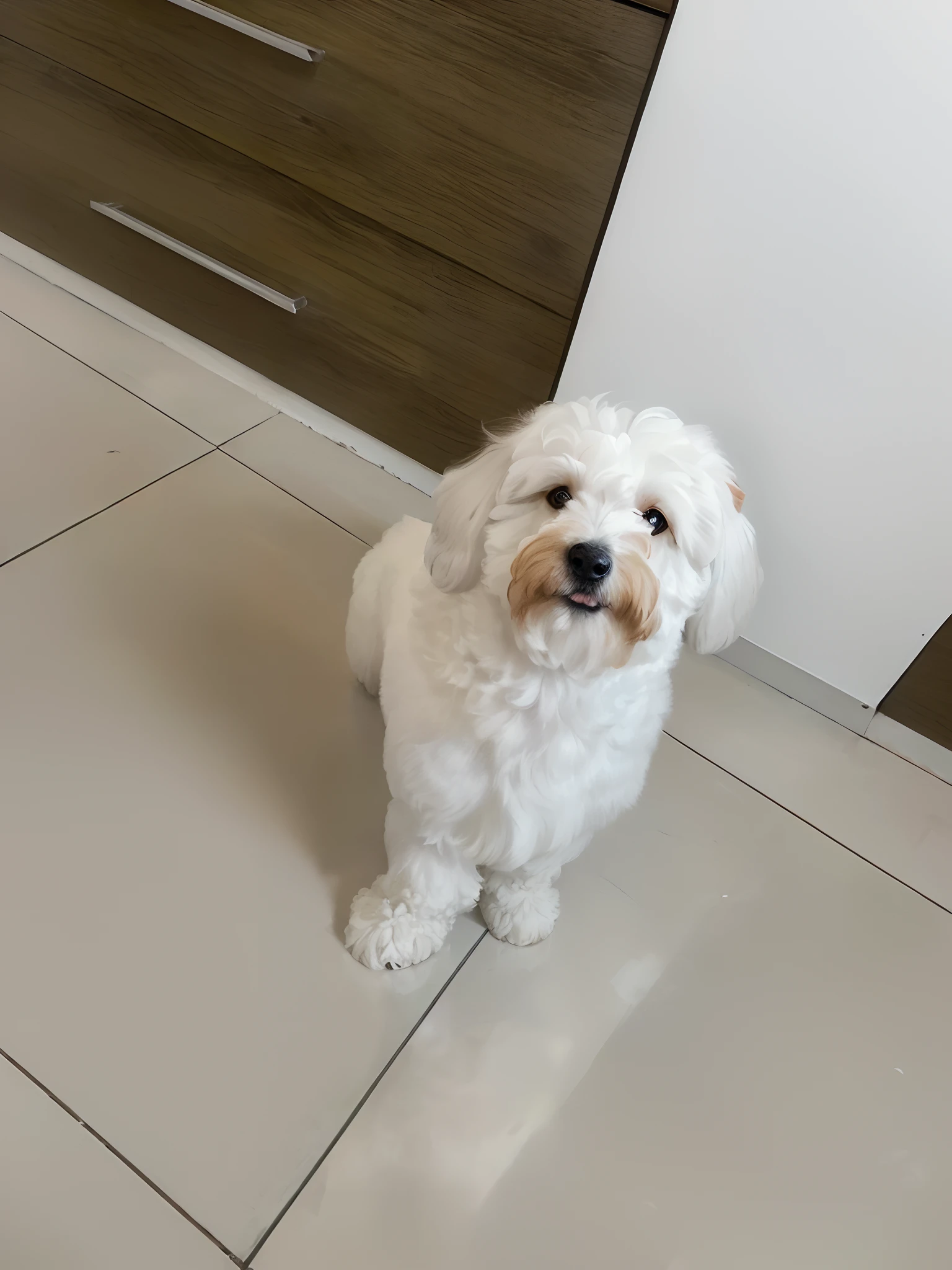 There is a white dog that is standing on the ground, Tomado com Sony Alpha 9, small white dog at her side, Tomada com Canon 8 0 D, Bullies, circunstanciado!!, majo, com nariz pequeno, Poofy, taken with the best dlsr camera, muito realista, completamente novo, 2 anos, havanese dog, an afghan male type