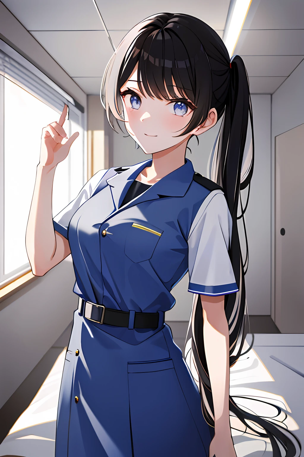 Guli Naza， 1girll， 独奏， long whitr hair， mediuml breasts， （Split color hair， Black hair， Dark black hair： 1.3）， eBlue eyes， ssmile， standing on your feet， dynamicposes， 8K， tmasterpiece， best qualtiy， absurderes， Perfect anatomy， cinmatic lighting， cowboy lens， （nurses uniform：1.1）， （hospitals、surgery room：1.1）