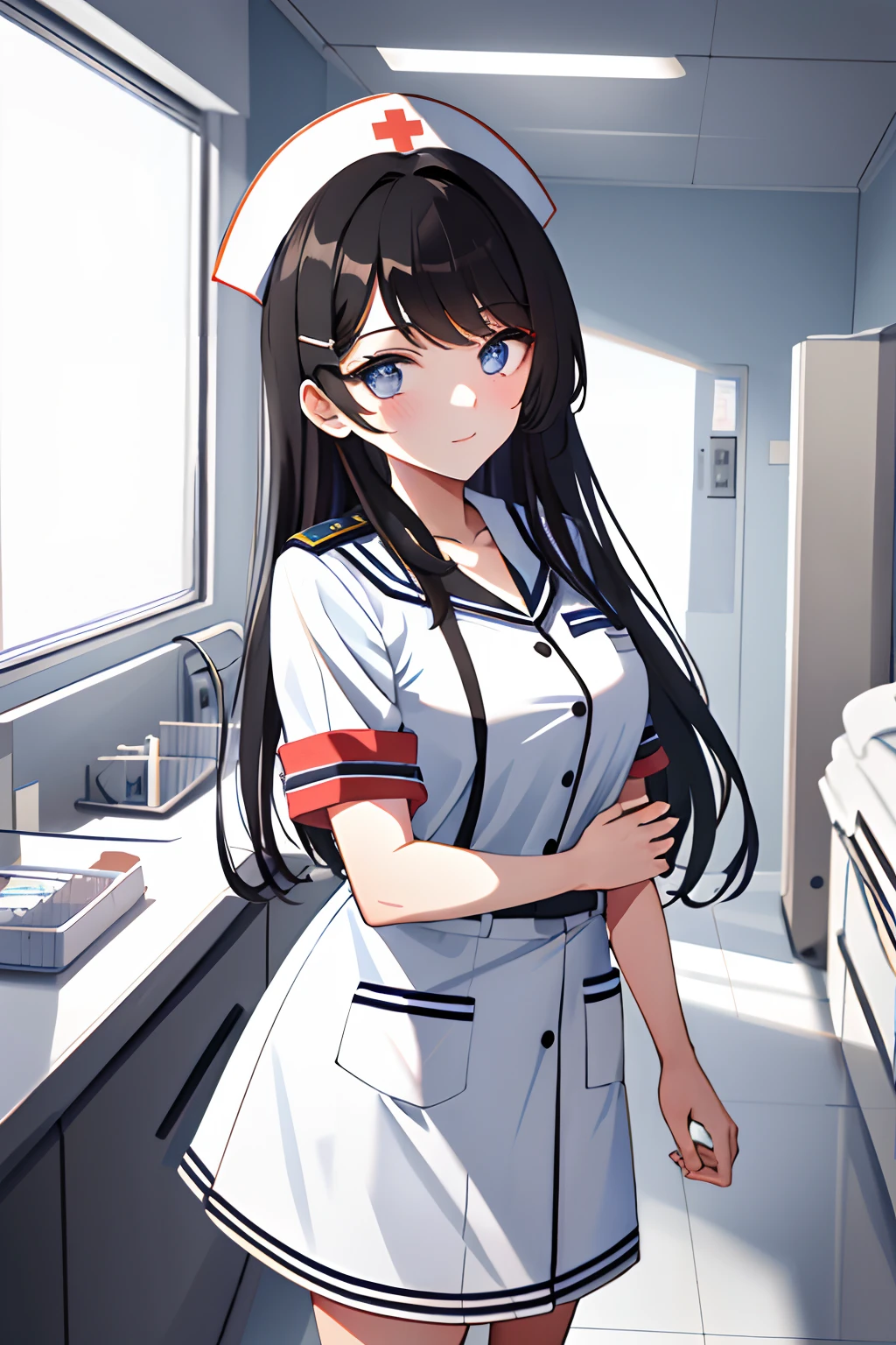 [[[[1girl]]]],ultra-detailed, masterpiece,hospital room,white nurse,nurse uniform:1.1,(((all white dress))), kawaii,bangs, (jewel-like blue eyes:1.4) and hair,french braid hospital,breasts,nurse ,short_sleeves, looking_at_viewer, light_open_mouth, stand_up, solo, nurse,dissolving dress,  <lora:SilvermoonMix2:1>