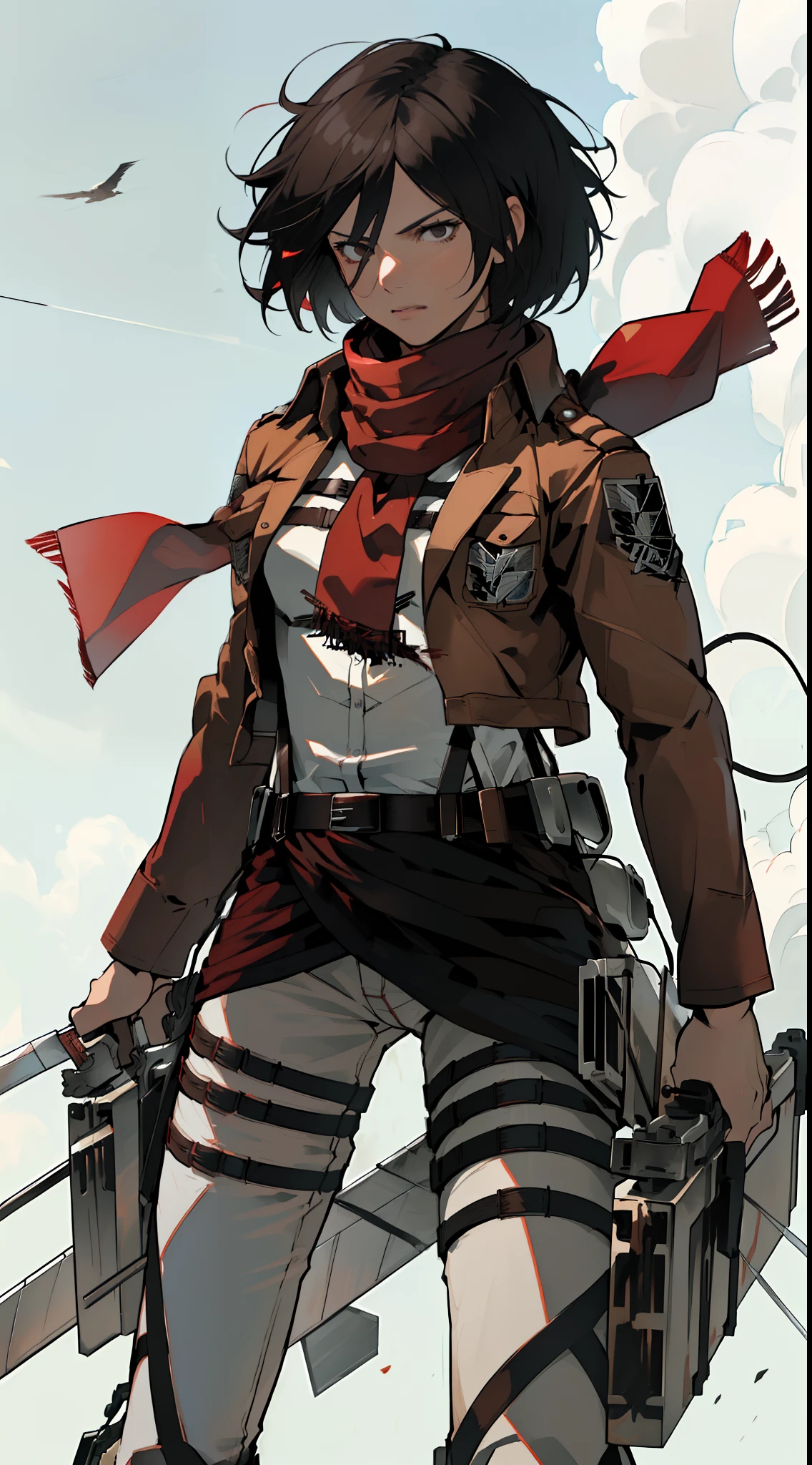 ((masterpiece, (best quality), highres, female (woman), hmmikasa, (short hair), (black eyes), scarf, emblem, belt, (thigh strap), (red scarf), (white pants), (brown jacket), (long sleeves), (holding weapon), sword, (dual wielding), (three-dimensional maneuver gear), (fighting stance), sky, 4k))
