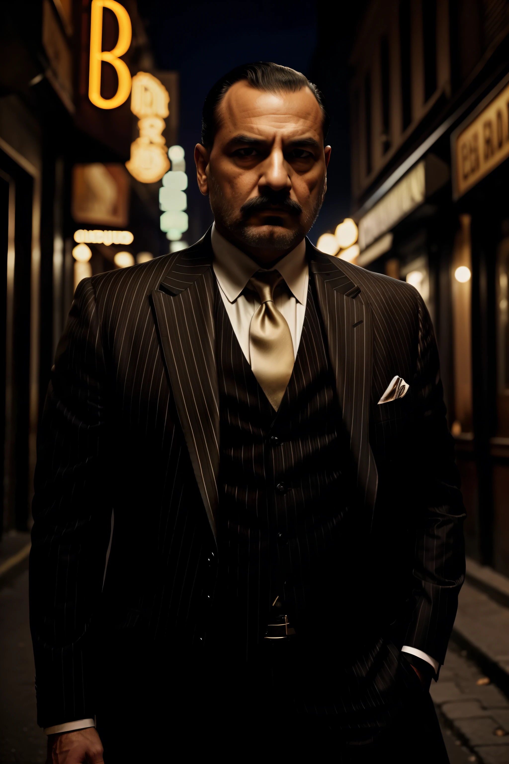 A imagem retrata um mafioso em um ambiente dos anos 1920. He's wearing an elegant striped suit, com uma gravata borboleta e um colete combinando. His well-groomed mustache accentuates his imposing appearance. He's standing, with a serious, confident expression on his face, while observing the scenery around you. The environment is a dark and narrow street, illuminated only by a few dim bulbs and the neon light of a bar plate in the background. The atmosphere is mysterious and full of suspense, reflecting the typical climate of the clandestine activities of the mafia at the time.