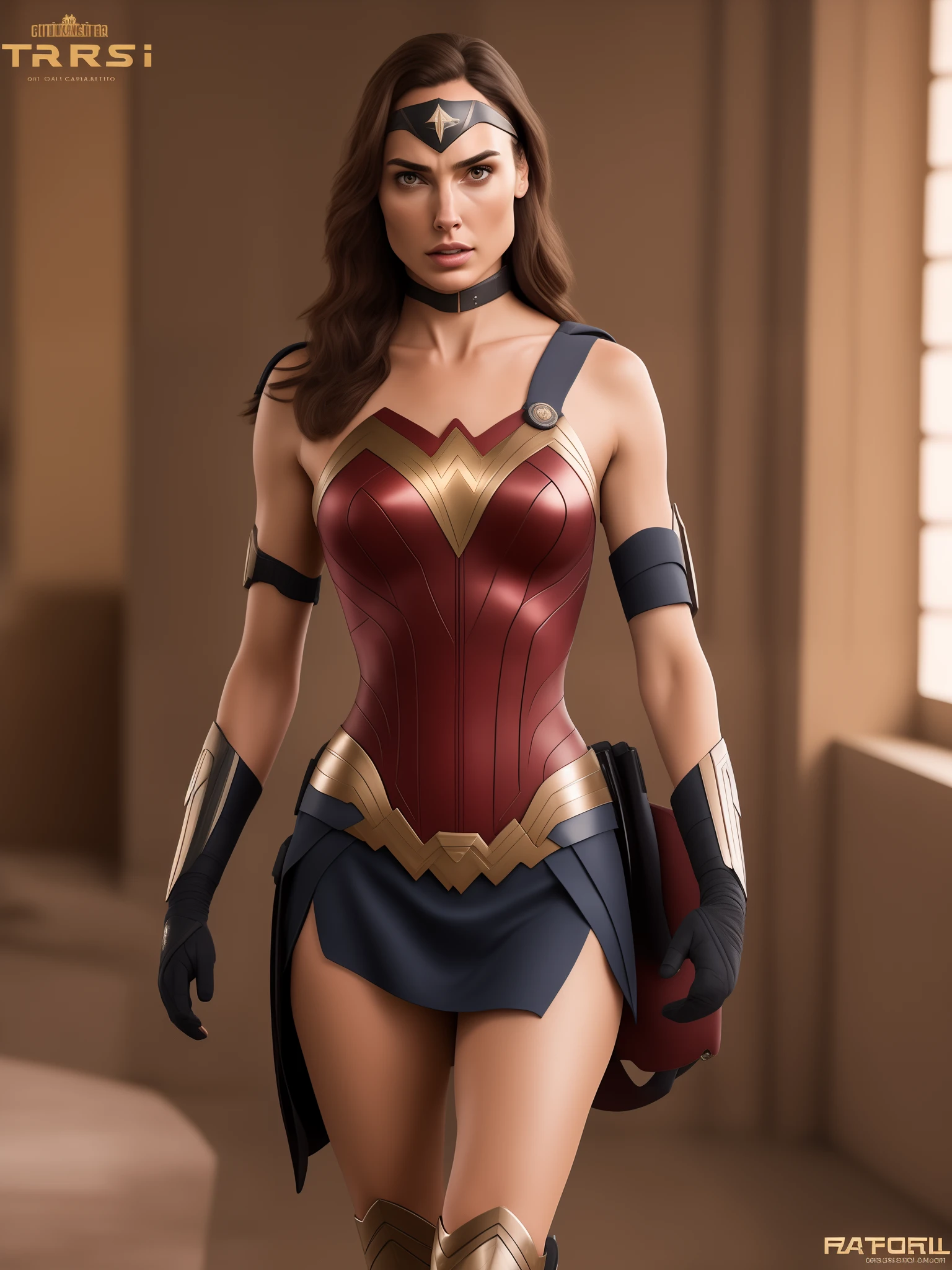 uma mulher em forma no traje corporal, Realistic, circunstanciado, hiper-realista, Colocando, 1girl, alto detalhamento, 8k, mulher maravilha, Gal Gadot, CAPO DE FUSCA