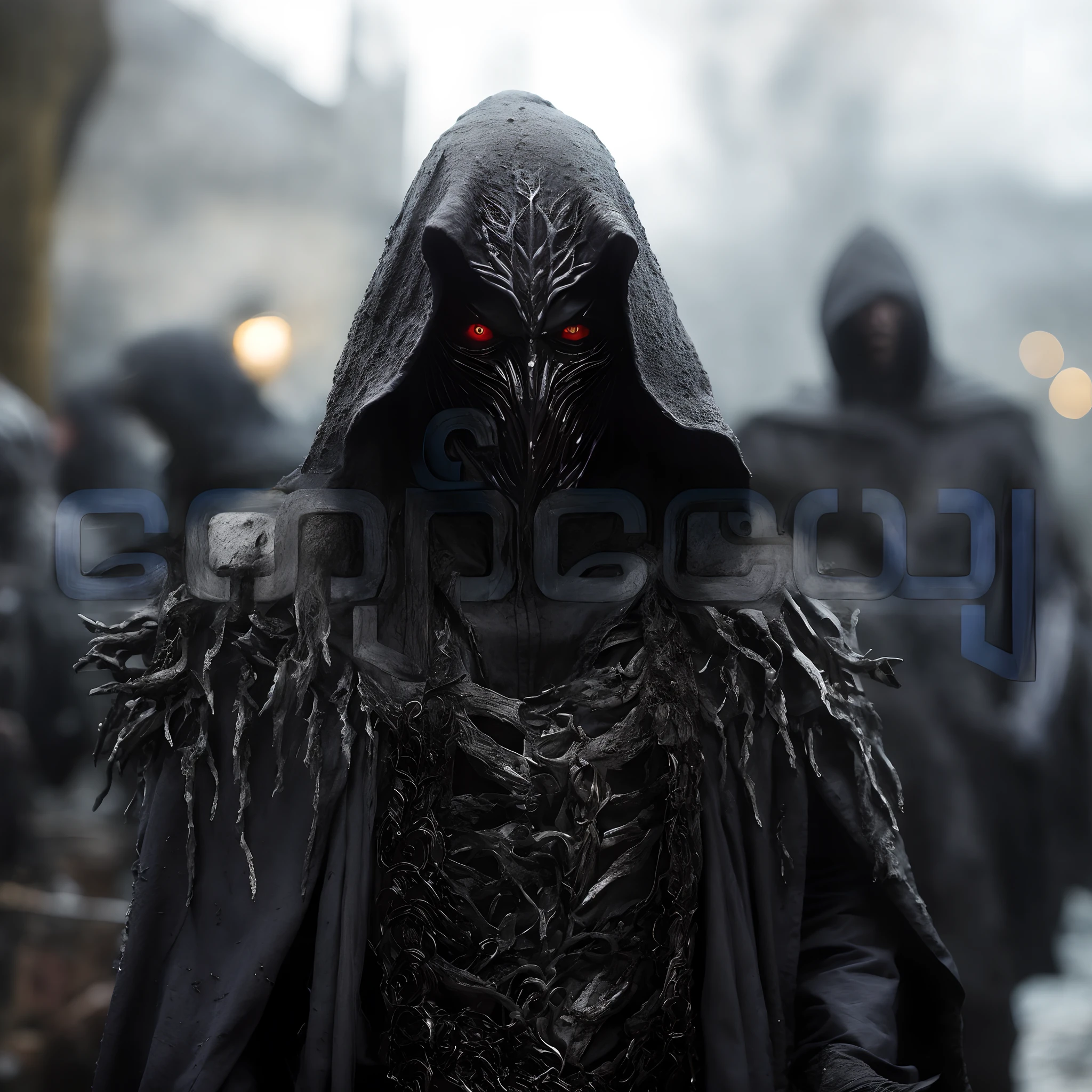 arafed man in a hooded jacket and hoodie with a bunch of people behind him, still from a fantasy movie, dark hooded wraith, dark cloaked necromancer, movie still of a villain cyborg, the allfather, menacing look, dark cloak, fantasy movie still, the night war rages behind him, wearing dark cloak, dark cloaked figure