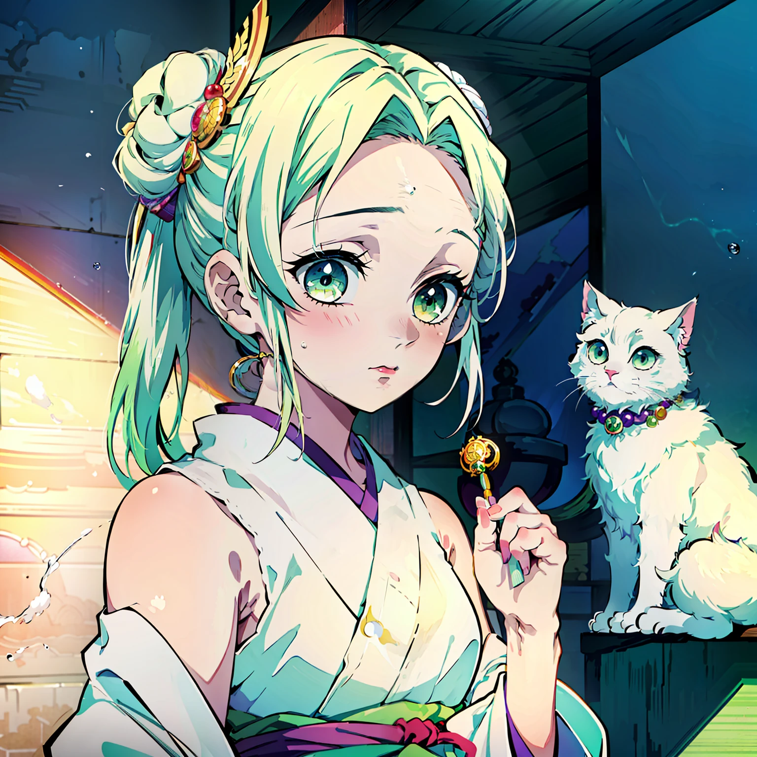 Kimetsu no Yaiba style, (((1girl))), 独奏, green colored eyes, white colored hair, extra very long hair, double bun, hairpin,  sleeveless kimono, detached sleeves, Obi Green Belt, painted lips, Cat hair decoration, hair ornament, blush on cheeks, ((Masterpiece)), ((portraite of a)), in a Japanese house, (tmasterpiece), (beste-Qualit), (overdetalization),(messy  hair),(illustartion), (a 1girl), (trendy clothes), stands, Model, looks at the viewer, (interview), (Simple background), beautiful detail eyes, Gentle beautiful face, soaring, (high saturation), (Colorful splashes), Colorful Bubble, (radiance), facial focus, (radiance), better lighting, better shadow, (tmasterpiece, hiquality, beste-Qualit), 8k wall paper, super detaill,