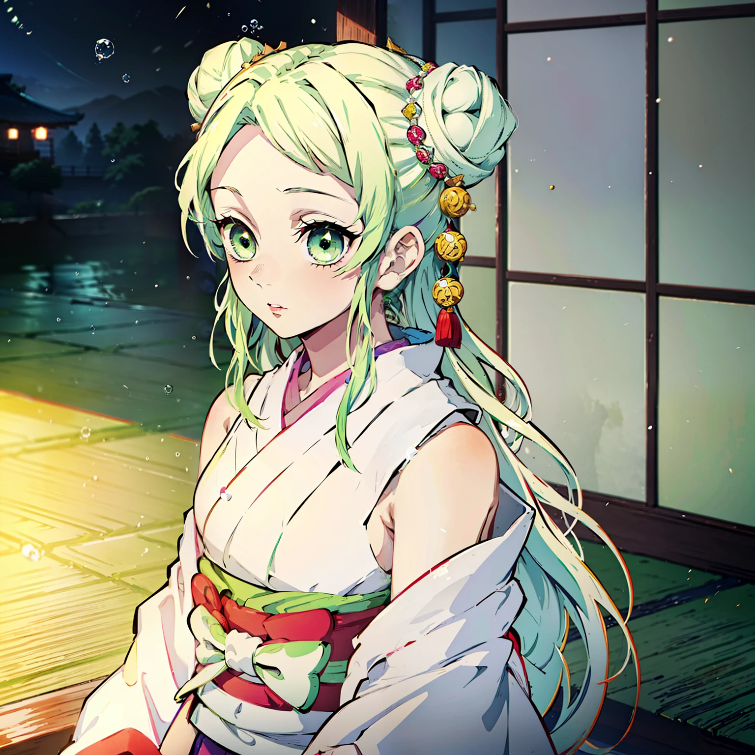 Kimetsu no Yaiba style, (((1girl))), 独奏, green colored eyes, white colored hair, extra very long hair, double bun, hairpin, sleeveless kimono, detached sleeves, Obi Green Belt, painted lips, Cat hair decoration, hair ornament, blush on cheeks, ((Masterpiece)), ((portraite of a)), in a Japanese house, (tmasterpiece), (beste-Qualit), (overdetalization),(messy hair),(illustartion), (a 1girl), (trendy clothes), stands, Model, looks at the viewer, (interview), (Simple background), beautiful detail eyes, Gentle beautiful face, soaring, (high saturation), (Colorful splashes), Colorful Bubble, (radiance), facial focus, (radiance), better lighting, better shadow, (tmasterpiece, hiquality, beste-Qualit), 8k wall paper, super detaill,