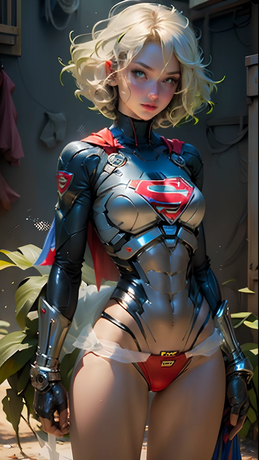 Supergirl's body defined thick thighs and cybernetic body parts, short underwear, (((cabelo branco com olhos verdes))), Superman S symbol on the chest, ((cabelo comprido)), 1 girl
