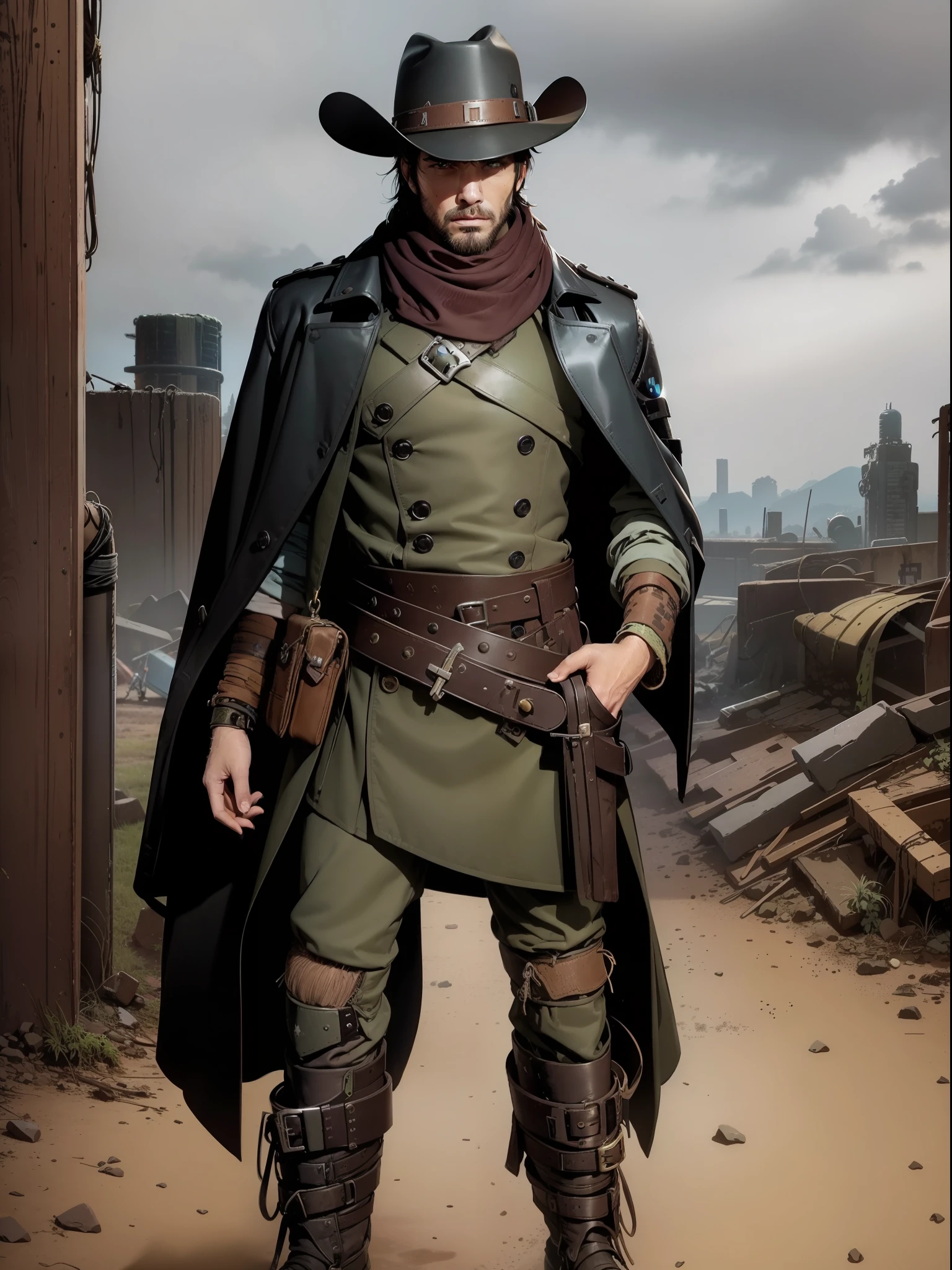 there is a man in a hat and trench coat holding , in a post apocalyptic setting, ancient roman cyberpunk wild west, post - apocalyptic cowboy, post apocalyptic explorer, post apocalyptic ancient roman western style, cyberpunk style outfit, post apocalyptic, cinematic full body shot, post apocalyptic attire, cyberpunk ancient roman, western