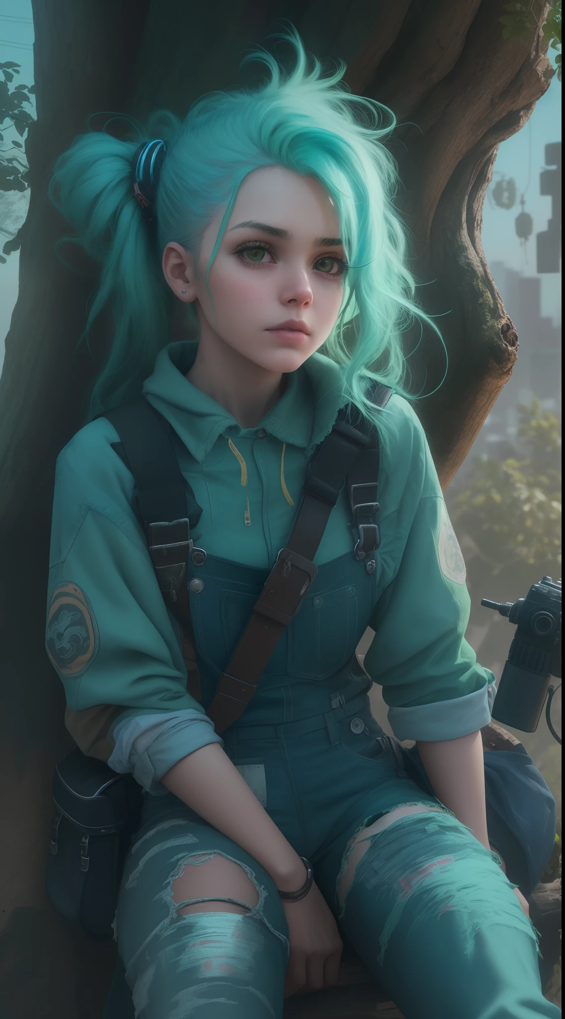 1 25-year-old green-haired girl in overalls, hanging from a tree branch , Looking at camera,Camera angle up close,Cabelo pigtails, seios grandes,,em uma cidade neon, (Estilo cyberpunk) 8K Ultra realista