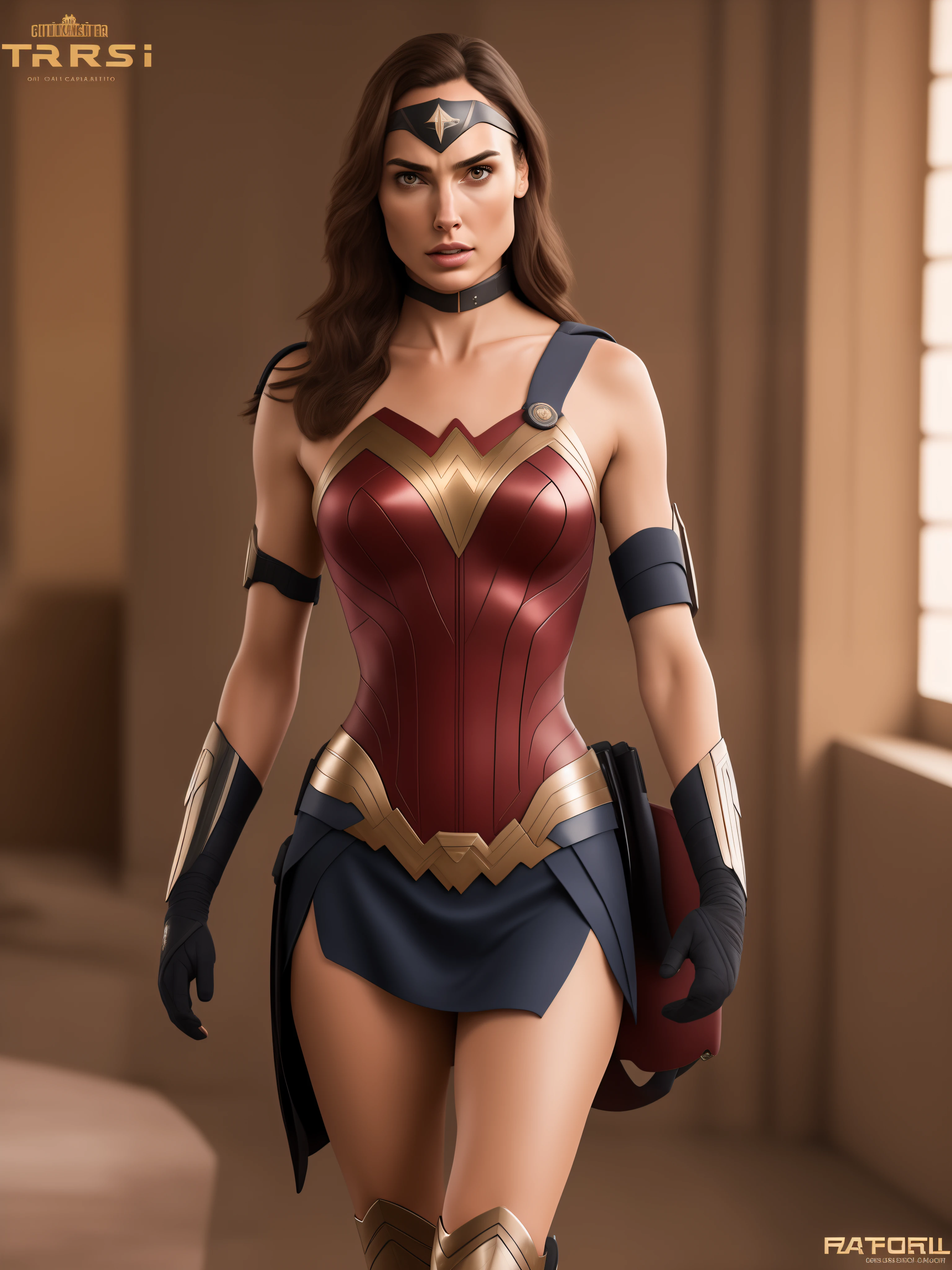 uma mulher em forma no traje corporal, Realistic, circunstanciado, hiper-realista, Colocando, 1girl, alto detalhamento, 8k, mulher maravilha, Gal Gadot, CAPO DE FUSCA
