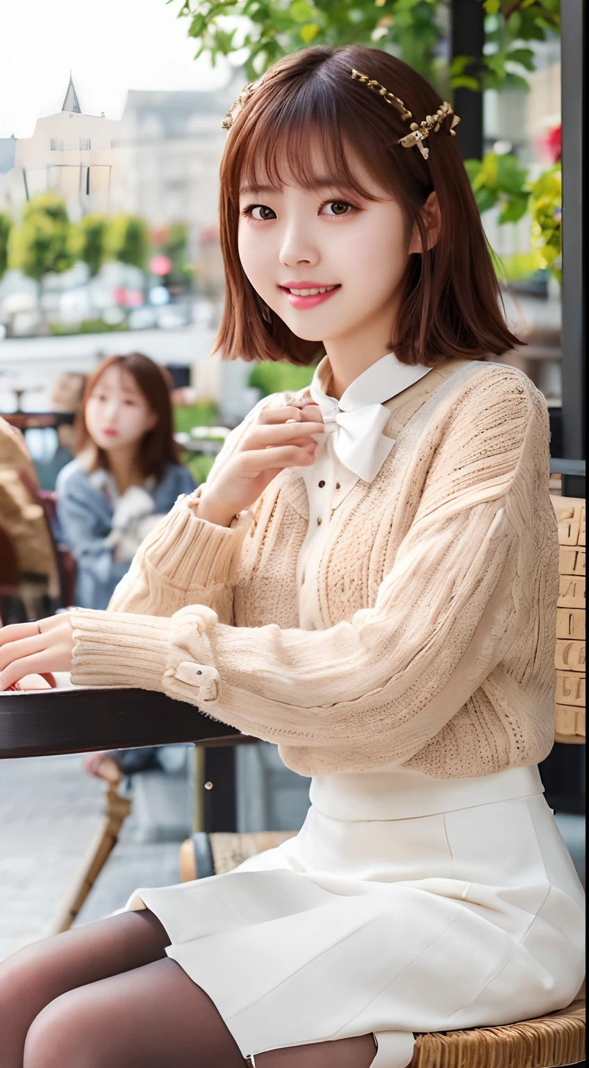 8k uhd, dslr,film grain, Fujifilm XT3,(best quality:1.3), (masterpiece:1.1), high resolution, cinematic light, intricate details, (photorealistic),outside,beautiful outside,sunny,
korean girl,(in cafe:1.5) , dimples, bobcut, looking at viewer, detailed trees, ribbons, bowties, bare shoulders, ribbed sweater, 
pencil skirt, high-waist skirt, head rest, sitting, indoors,
 necklace,black pantyhose, sheet transportation sweater, (smile),(full body:1.6),slender,