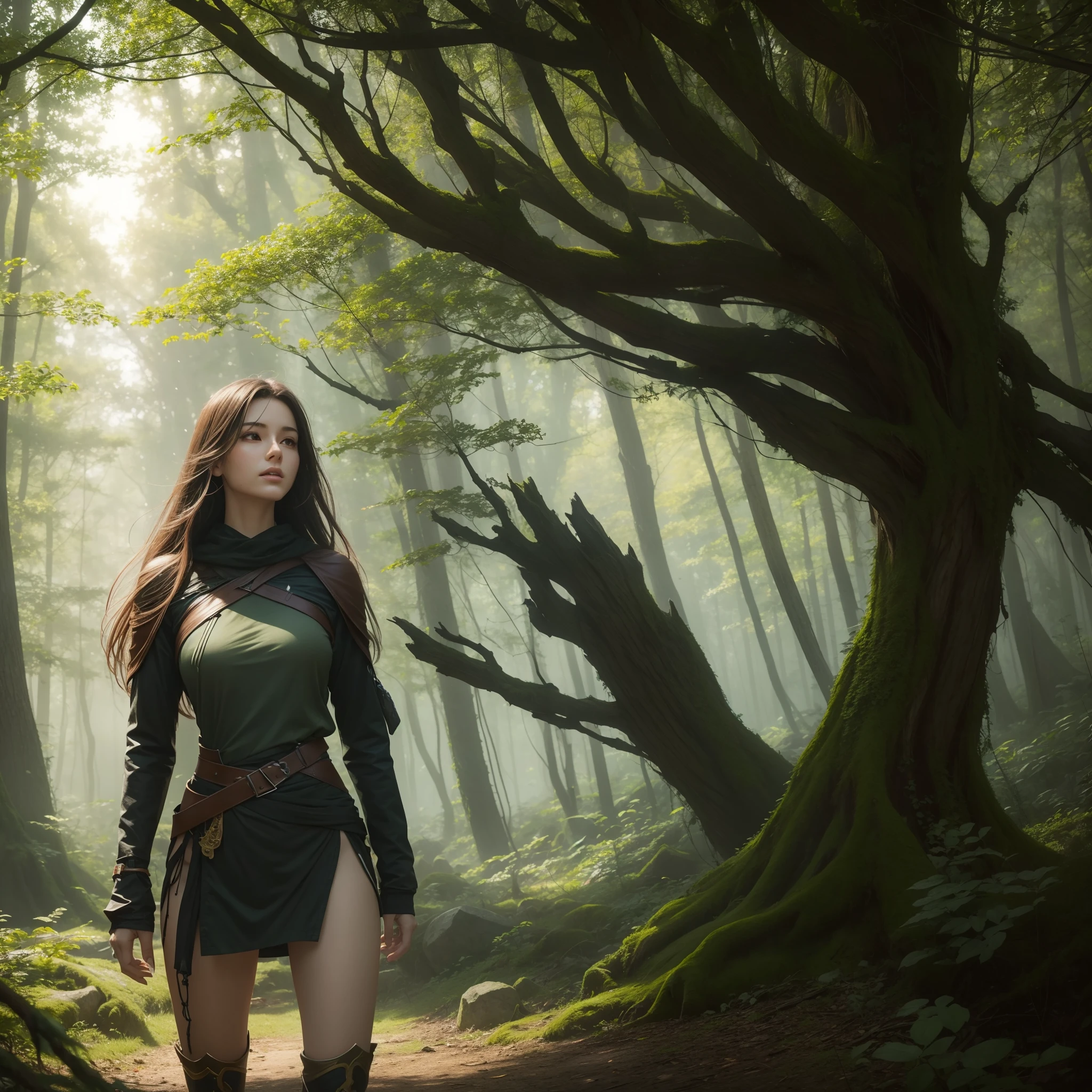 correct anatomy, perfect women, perfect anatomy, fantasy, forest clearing, volumetric luighting