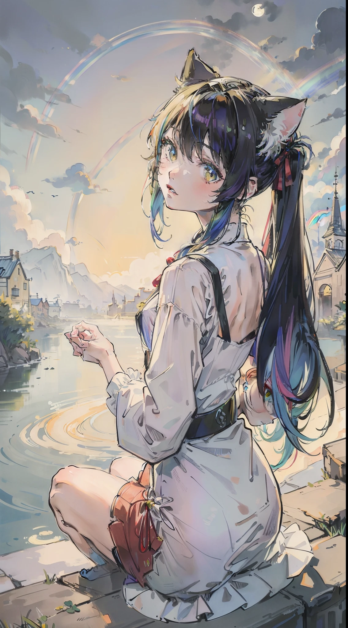 (top-quality、masterpiece)、A stunning、Take a cute cat、(rainbow-colored hair)、(Twin-tailed)、fullmoon、backstreet