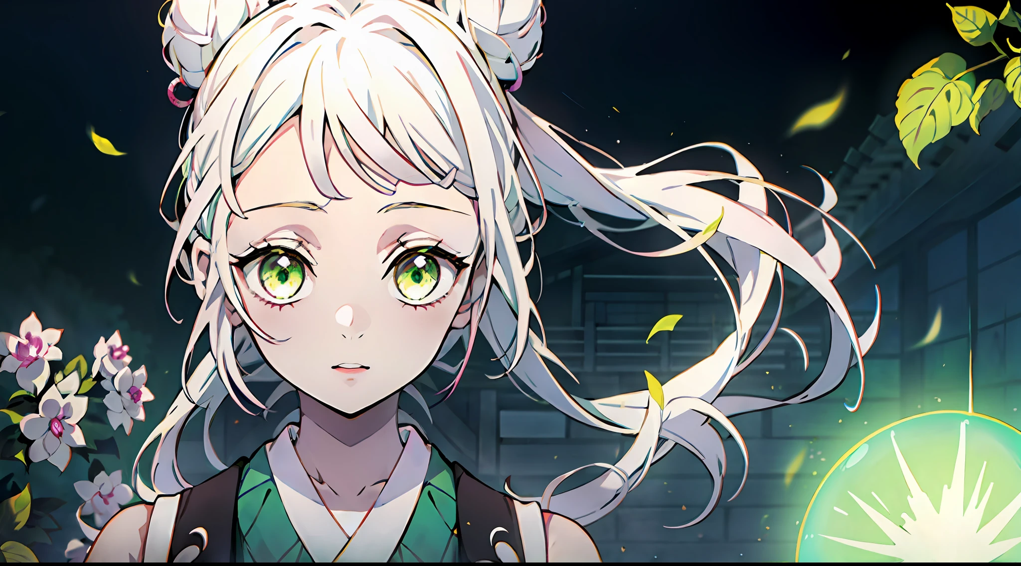 Kimetsu no Yaiba style, (((1girl))), 独奏, green colored eyes, white colored hair, extra very long hair, double bun, hairpin, Sleeveless lilac kimonos, Obi Belt, ((Masterpiece)), ((portraite of a)), in a Japanese house, (tmasterpiece), (beste-Qualit), (overdetalization),(messy hair),(illustartion), (a 1girl), (trendy clothes), stands, Model, looks at the viewer, (interview), (Simple background), beautiful detail eyes, Gentle beautiful face, soaring, (high saturation), (Colorful splashes), Colorful Bubble, (radiance), facial focus, (radiance), better lighting, better shadow, (tmasterpiece, hiquality, beste-Qualit), 8k wall paper, super detaill,