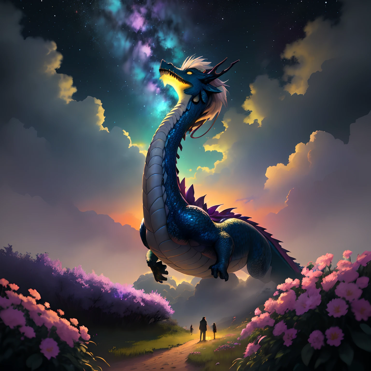 Vast landscape photos, (looking at the sky and the wilderness below), "A rabbit, magical, anthropomorphic, girl, angry expression, glowing eyes, Wanruo mask, Hanfu, background of ancient Chinese streets, night." Genshin Impact Impact, Best Quality, High Detail, High Quality, Ultra High Resolution, OC Rendering, 8K" Standing in a Flower Field and Looking Up, (Full Moon: 1.2), (Meteor: 0.9), (Nebula: 1.3), Far Away Mountains, Tree Breaking Making Art, (Warm Source: 1.2), (Firefly: 1.2), Lights, Purple and Orange, Intricate Details, Volumetric Lighting BREAK (Masterpiece: 1.2), (Highest Quality), 4K, Ultra Detailed, (Dynamic configuration: 1.4), Highly detailed and colorful details (rainbow color: 1.2), (Sparkling lighting, atmospheric lighting), Dreamy, magical, (Solo: 1.2), (Ying Dragon God), (Through the clouds), (Top of the mountains), (Complex), (Super Detail), (Starry Sky Background), (Stout Limbs), (Moon Night), (Ultra Clear), (Best Quality),
