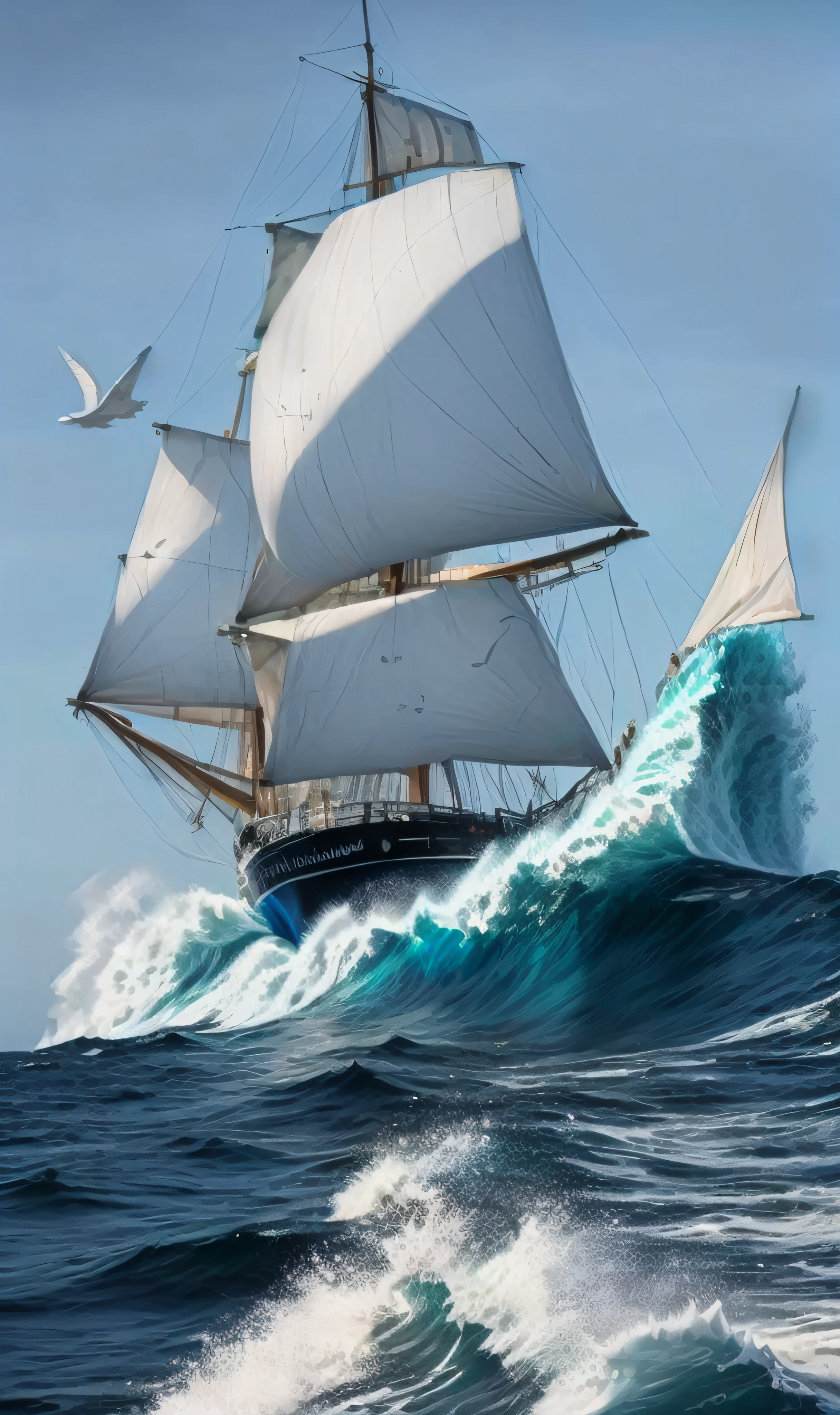 Super Velero con muchas velas volando entre las nubes iridiscentes y abajo el mar de color azul esmeralda muy encrespado con enormes olas amenazantes