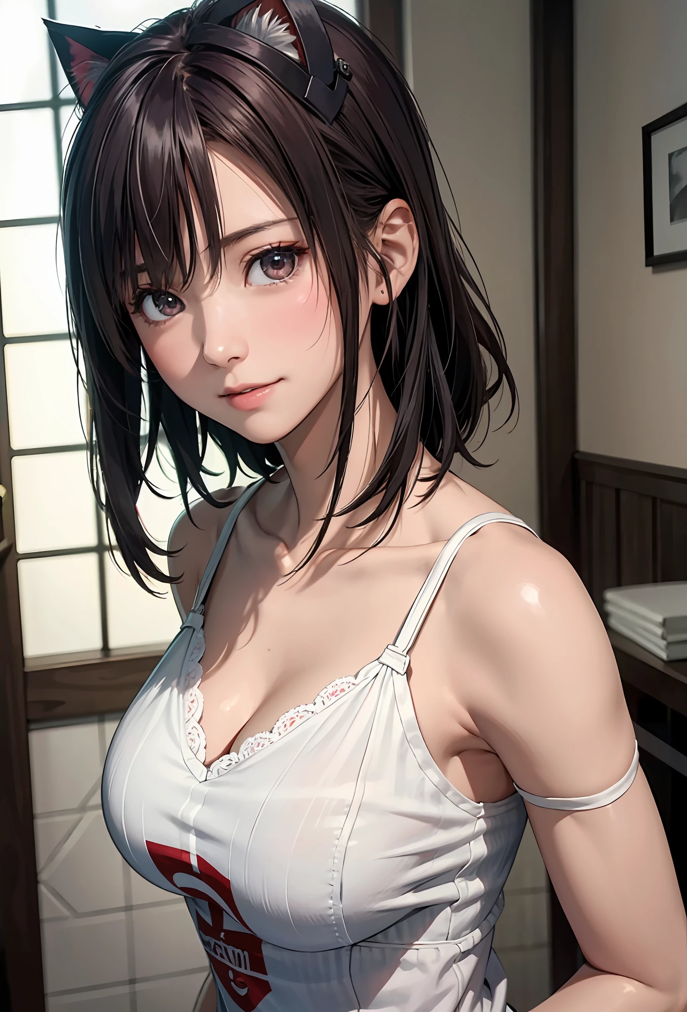 (8k, RAW photo, best quality, masterpiece:1.2), yjnn, 1girl, 3d, asian, bangs, bare_shoulders, bow, bra, breasts, brown_eyes, brown_hair, cleavage, grey_background, lips, long_hair, long_sleeves, looking_at_viewer, medium_breasts, navel, nose, off_shoulder, open_clothes, open_shirt, panties, realistic, shirt, solo, stomach, underwear, undressing, upper_body, white_bra, white_panties, white_shirt,Shiny skin, beautiful delicate face, beautiful delicate eyes ,(realistic, photo realistic:1),Lie down on the bed