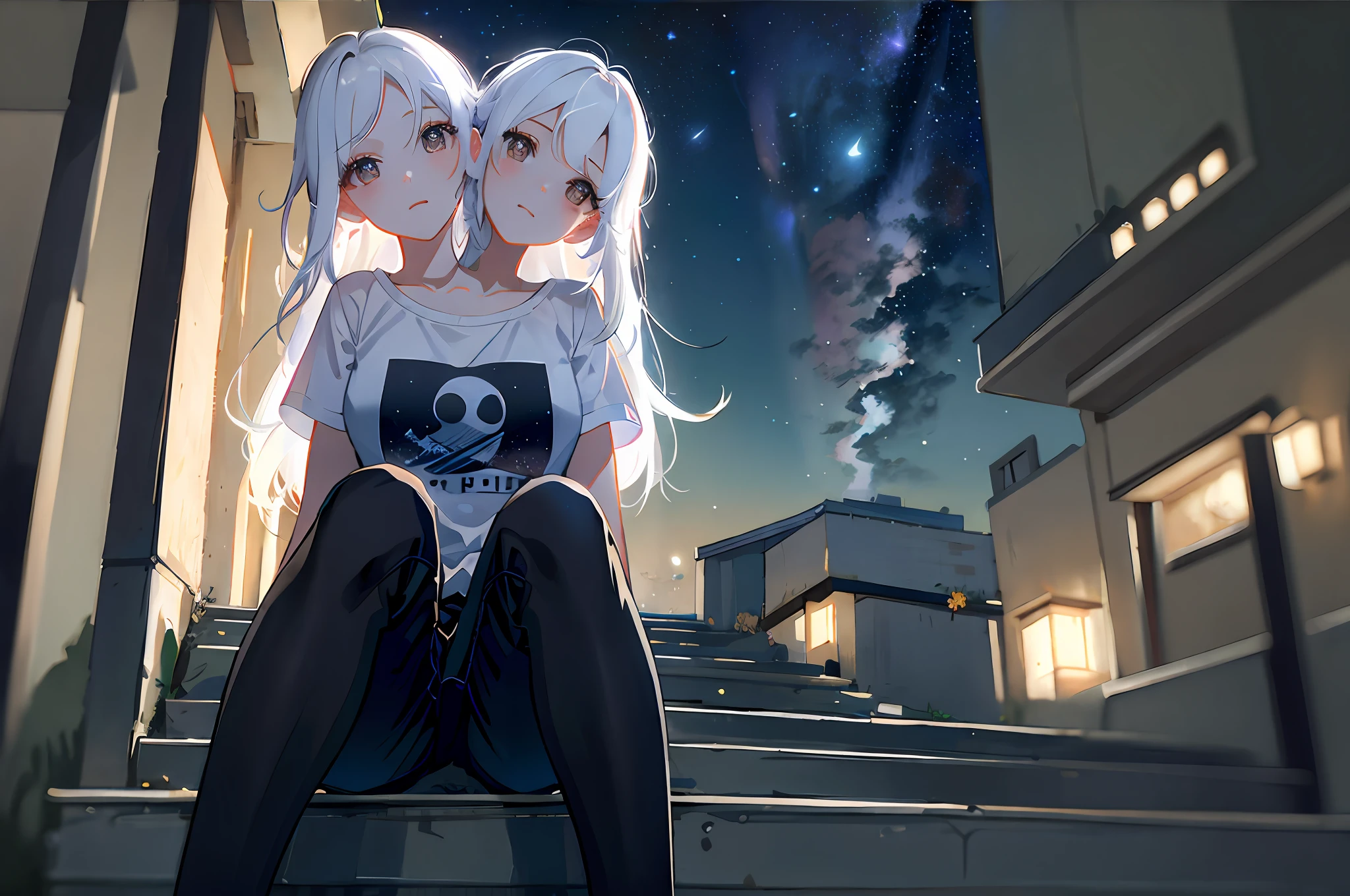 (masterpiece, best quality), best resolution, (2heads:1.5), 1girl, sitting, looking up at the sky, happy, white hair, brown eyes, gray t-shirt, black pants, starry sky, night, scenery, night sky, outdoors, hilltop at night, silhouette, landscape, wide shot from below, focus on the sky